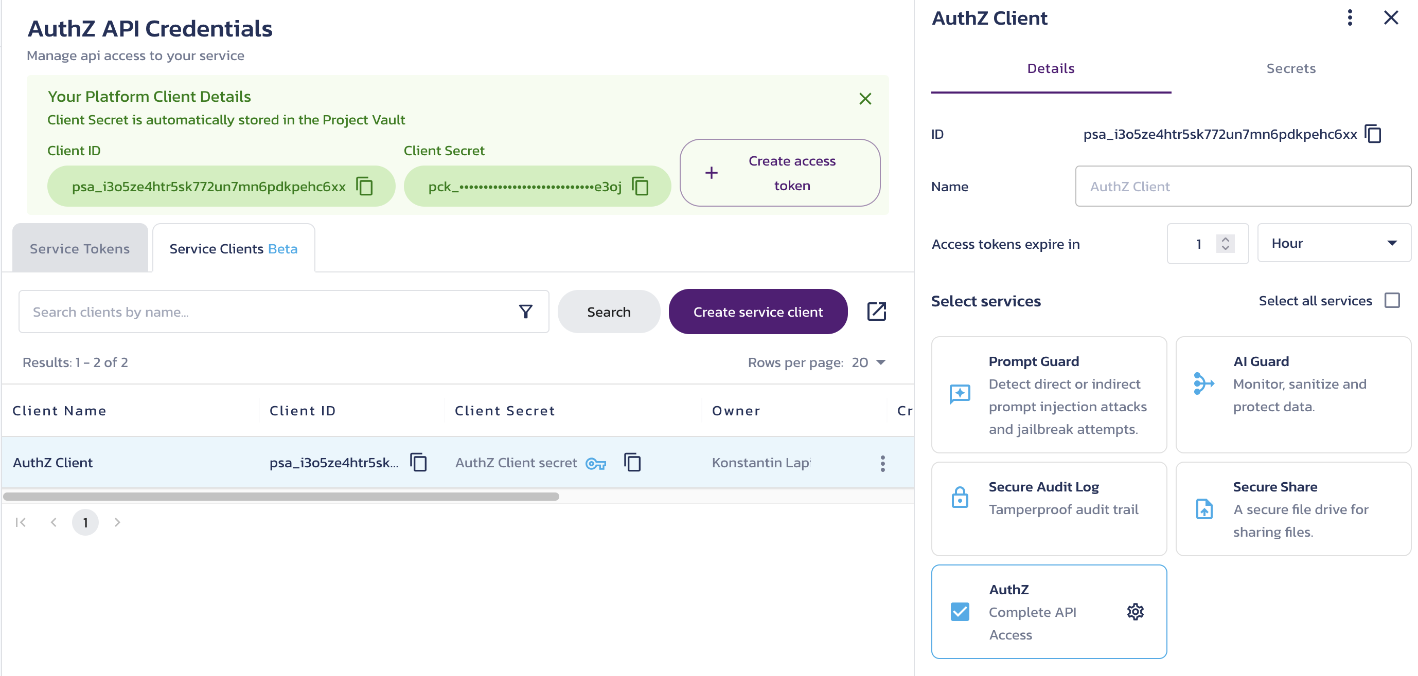 Client details page Client details page for a selected client on the AuthZ Credentials page in the Pangea User Console