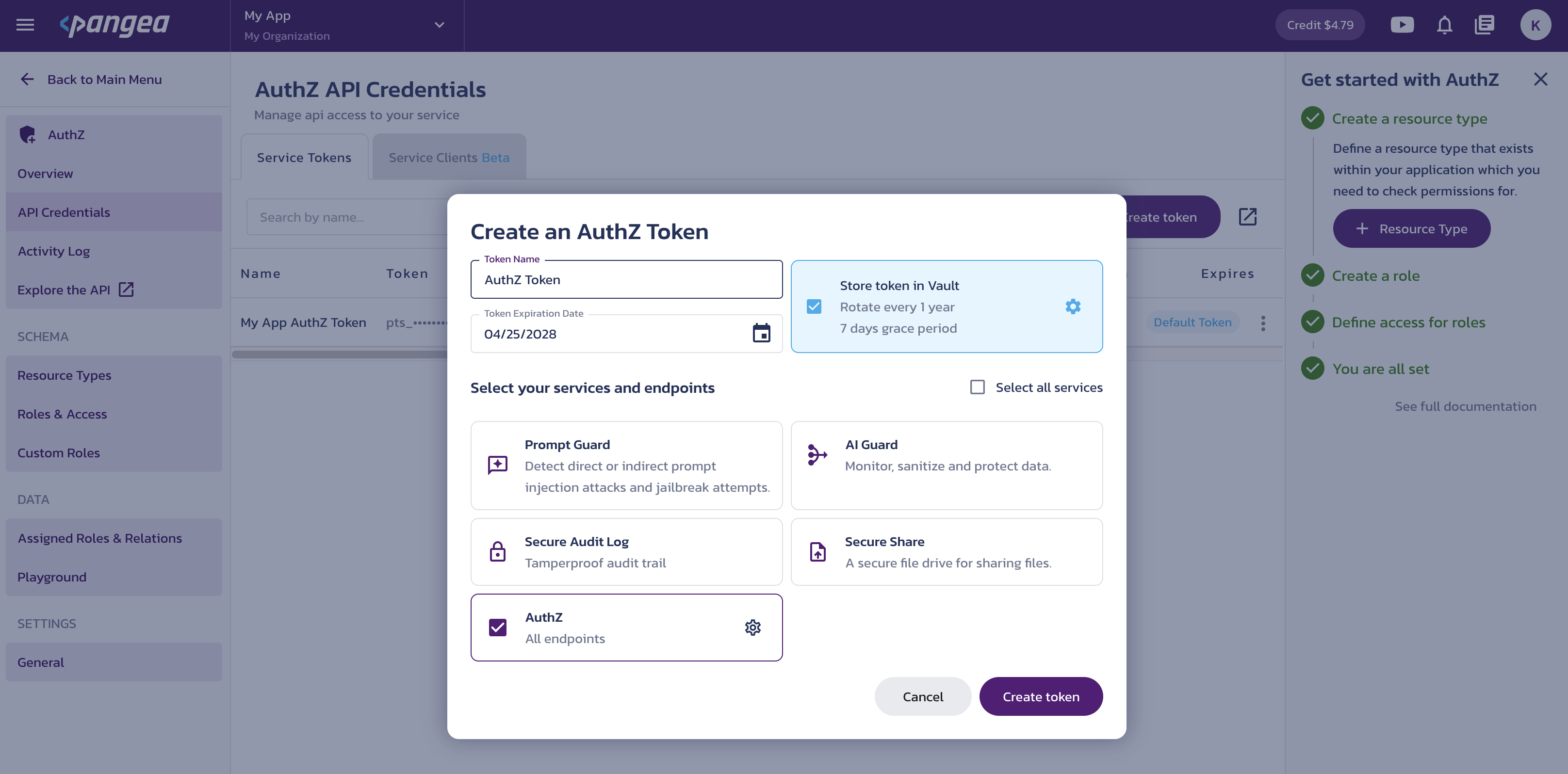 Create service token Create a service token dialog on the AuthZ API Credentials page in the Pangea User Console