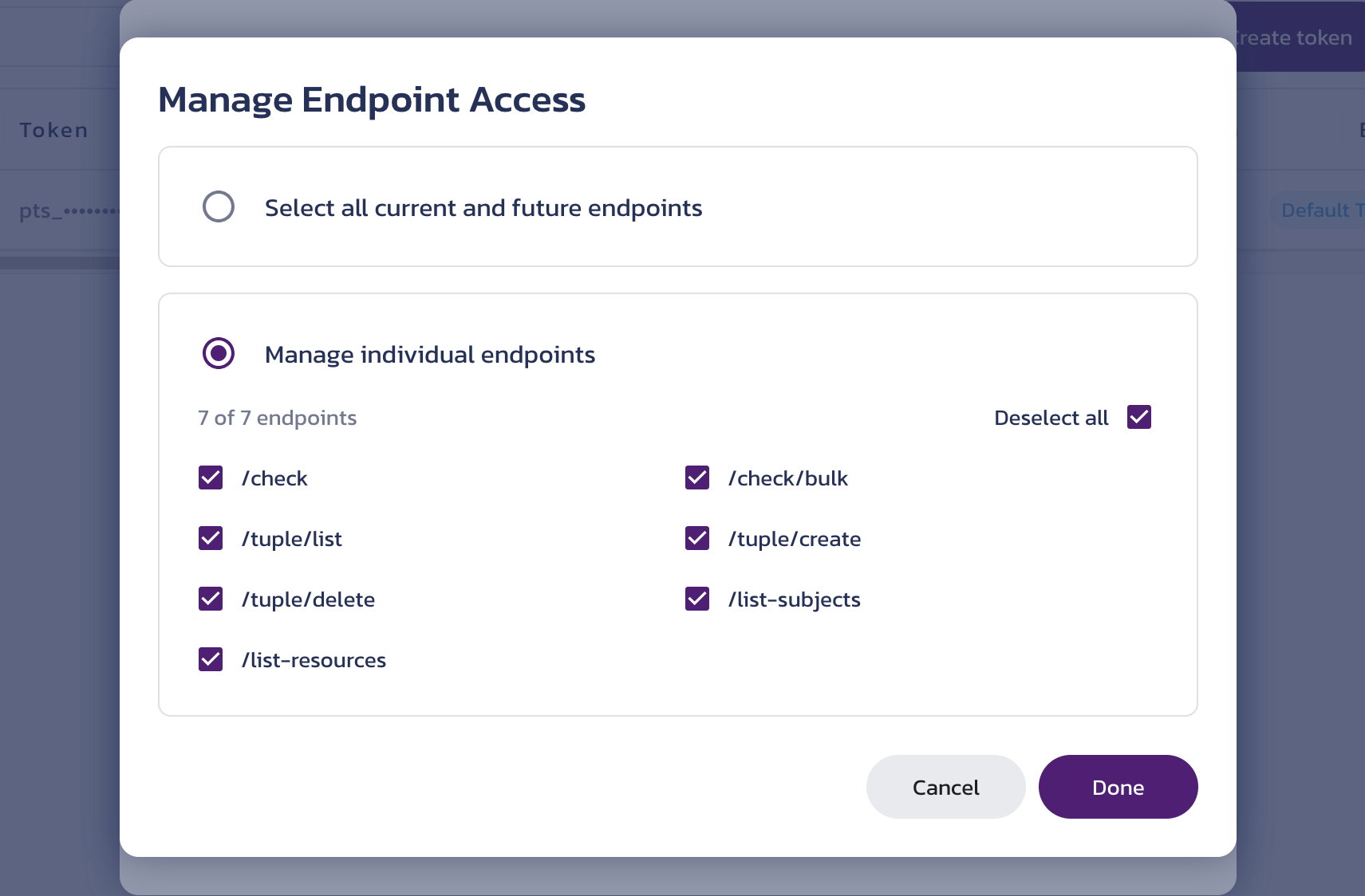 Service token configuration options for AuthZ Create a service token dialog on the AuthZ API Credentials page in the Pangea User Console