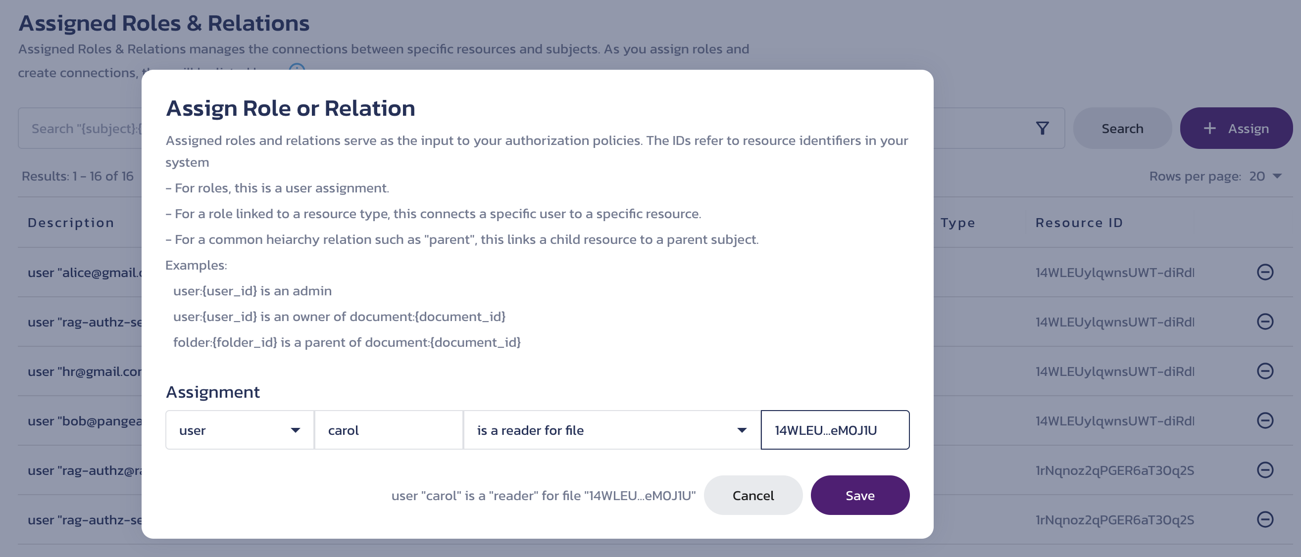 Pangea AuthZ Assign Role or Relation dialog on the Assigned Roles & Relations page in the Pangea User Console