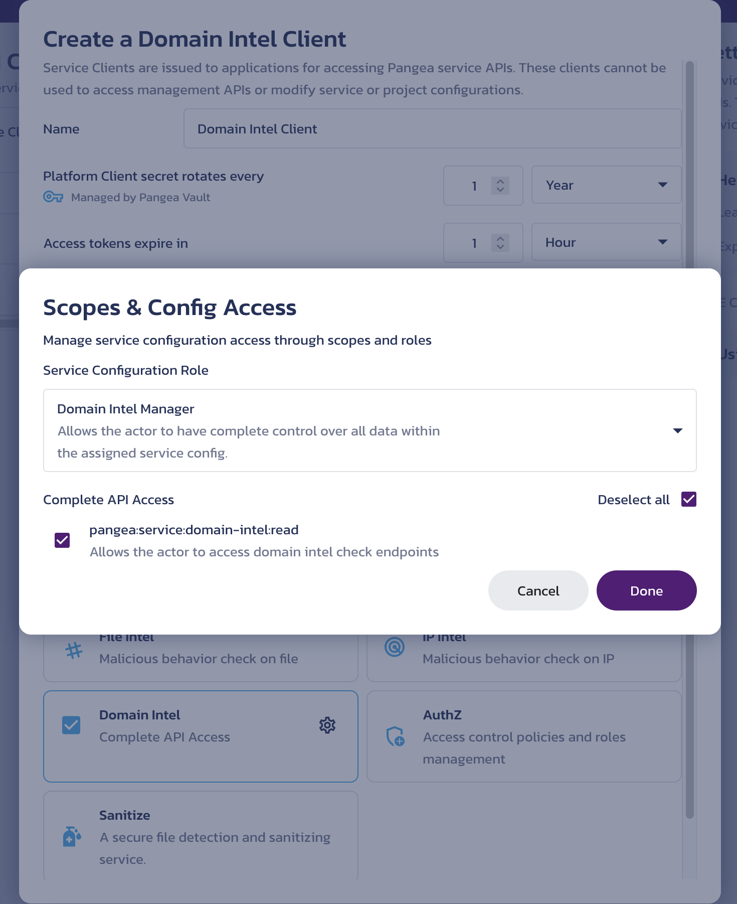 Select the role and scope for the service client Scopes & Config Access sub-dialog from the Create a service client dialog on the Domain Intel API Credentials page in the Pangea User Console