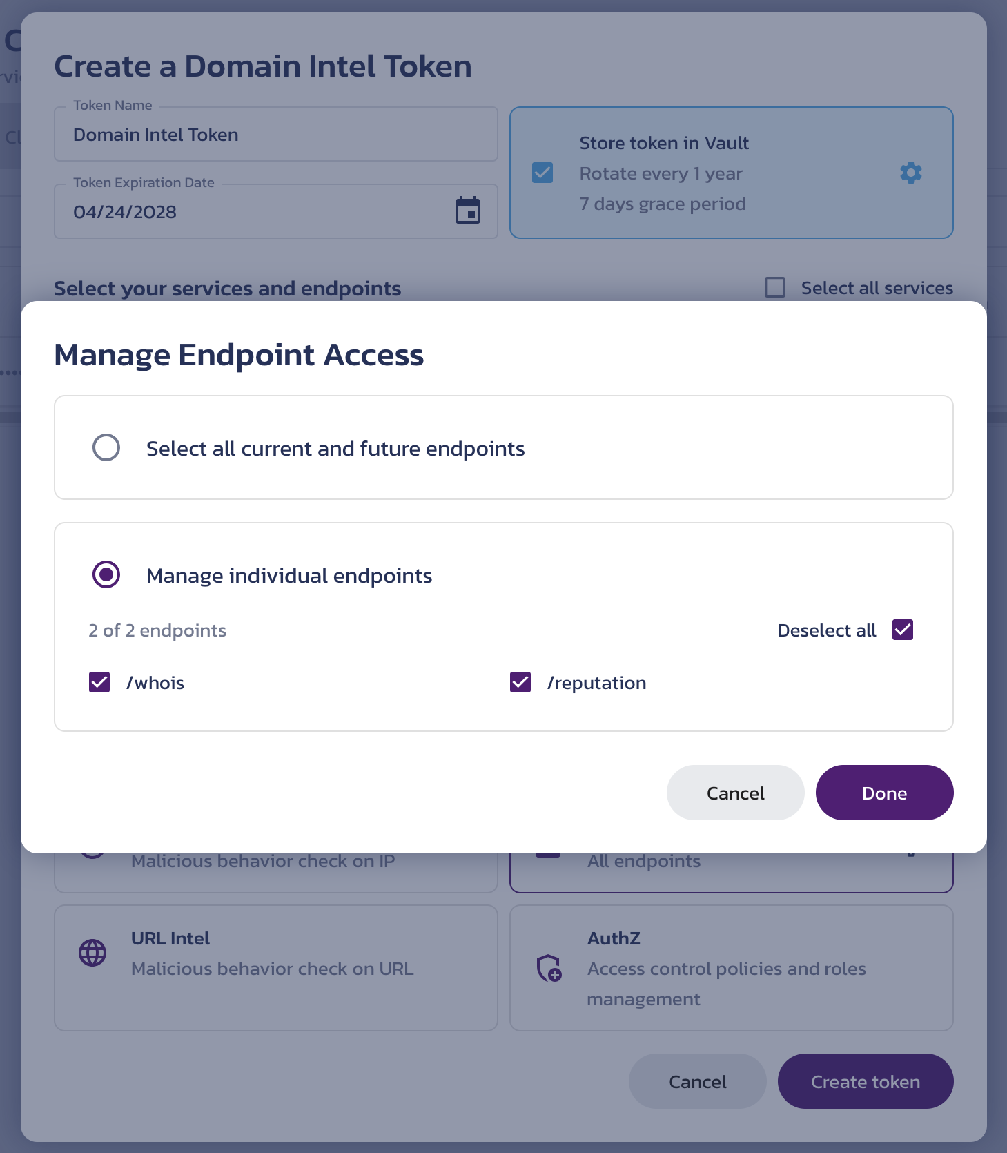 Service token configuration options for Domain Intel Create a service token dialog on the Domain Intel API Credentials page in the Pangea User Console