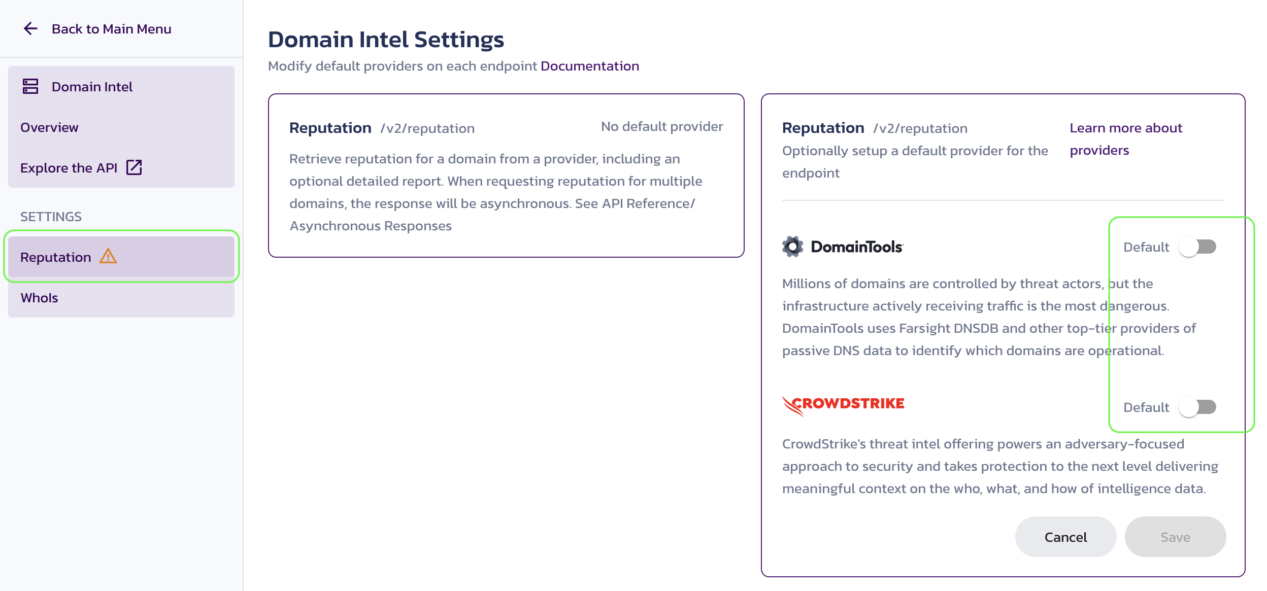 Pangea Domain Intel Reputation page showing the selection of a default provider in the Pangea User Console