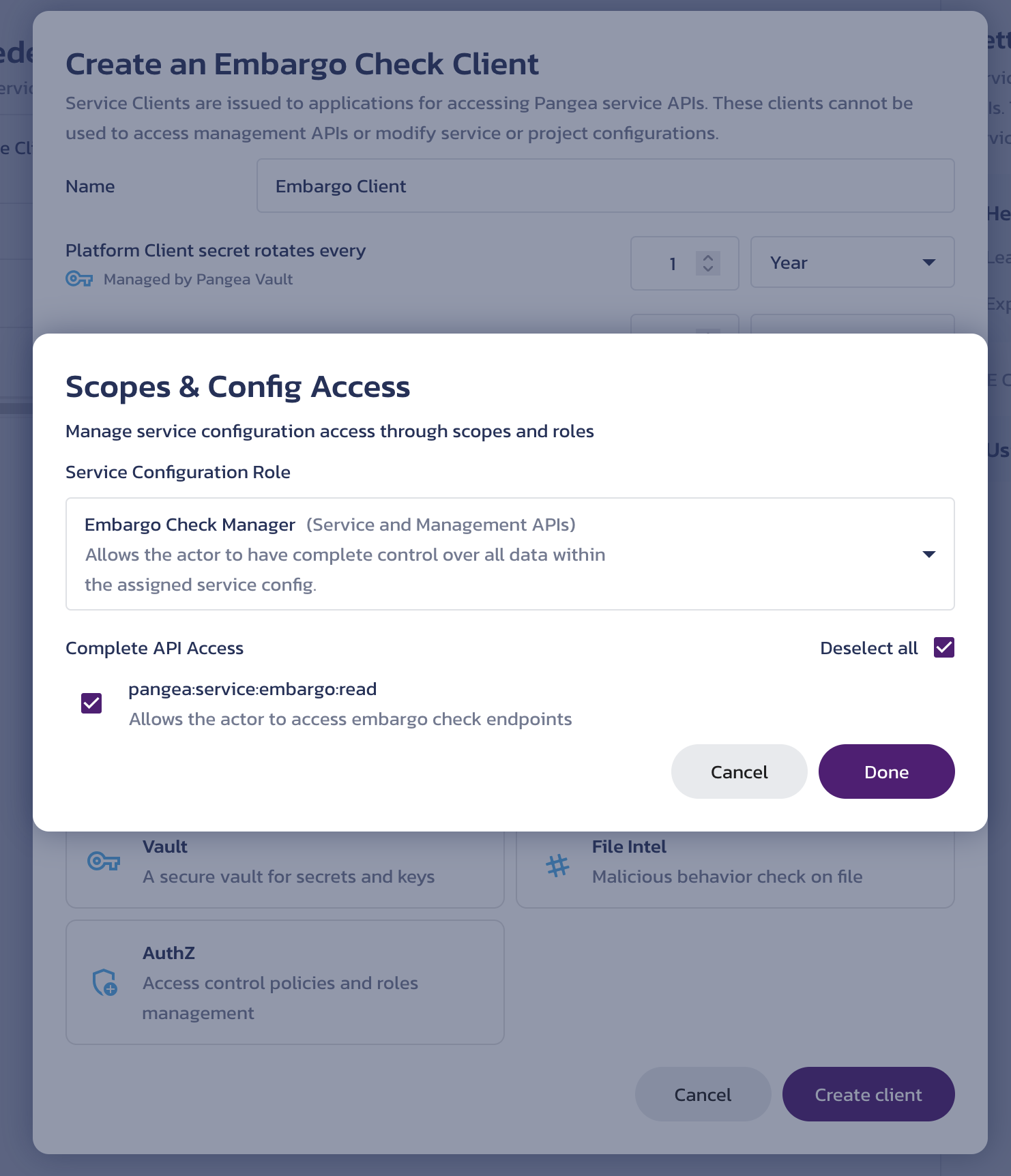 Select the role and scope for the service client Scopes & Config Access sub-dialog from the Create a service client dialog on the Embargo API Credentials page in the Pangea User Console
