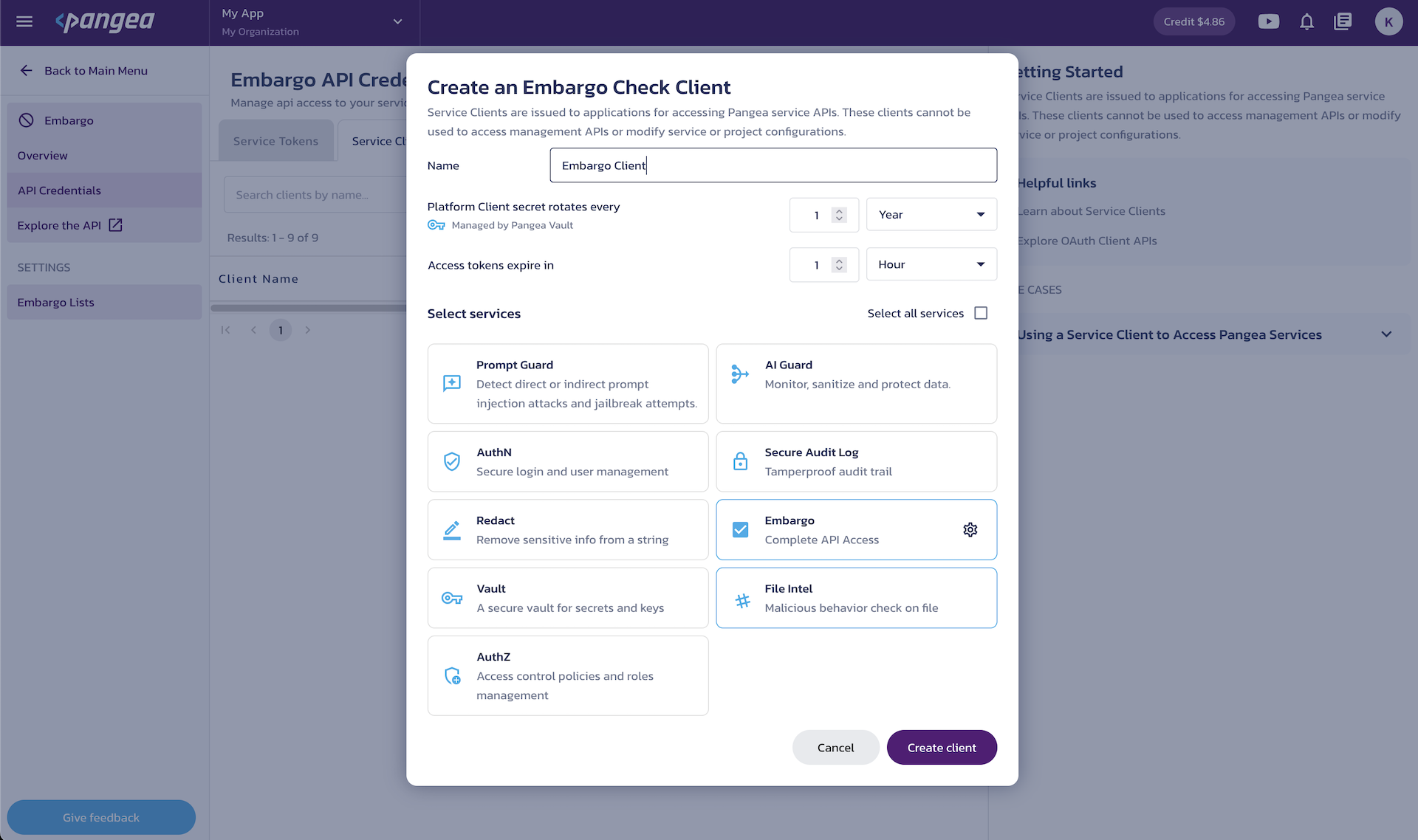 Create service client Create a client dialog on the Embargo Credentials page in the Pangea User Console