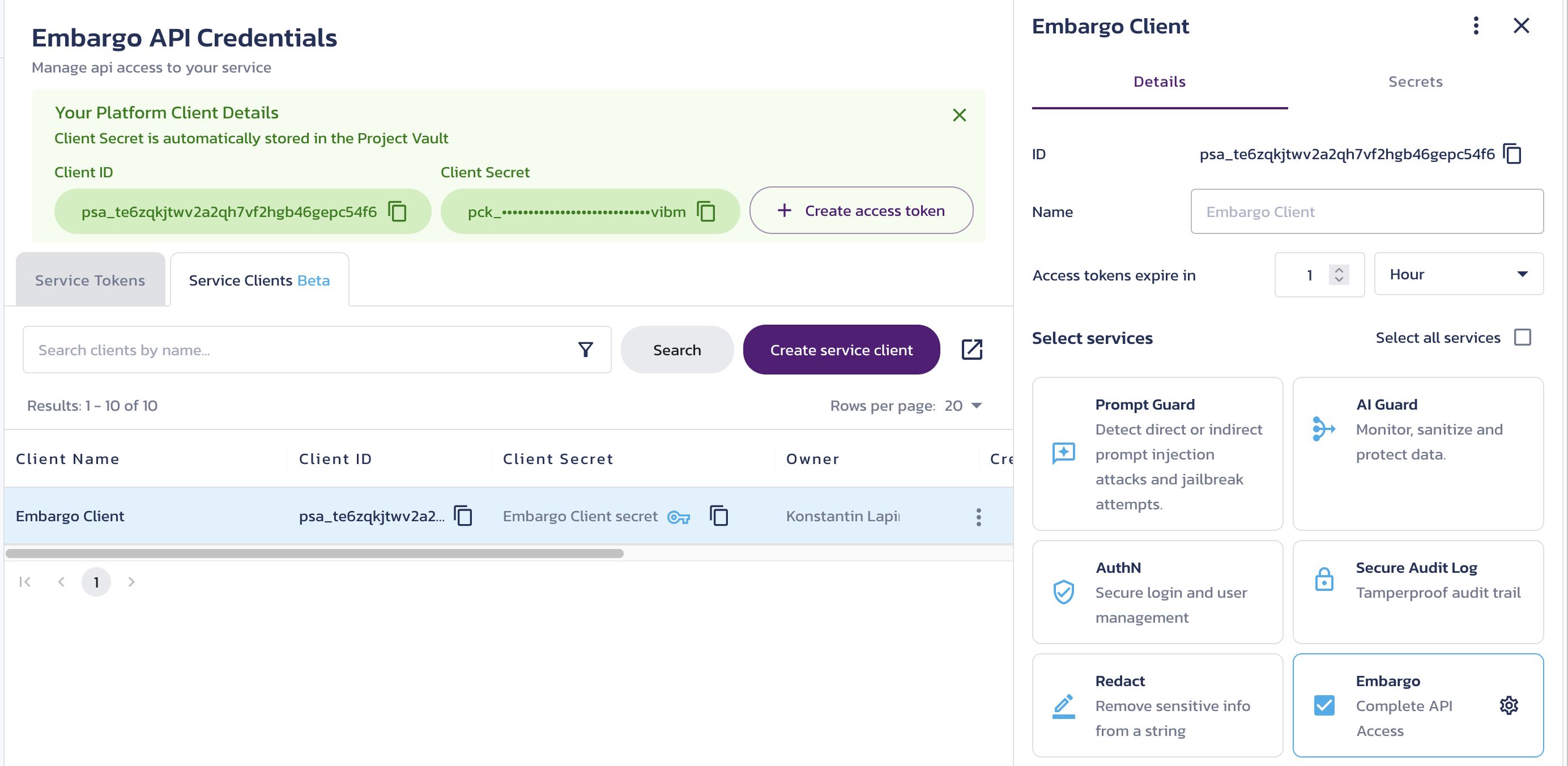 Client details page Client details page for a selected client on the Embargo Credentials page in the Pangea User Console
