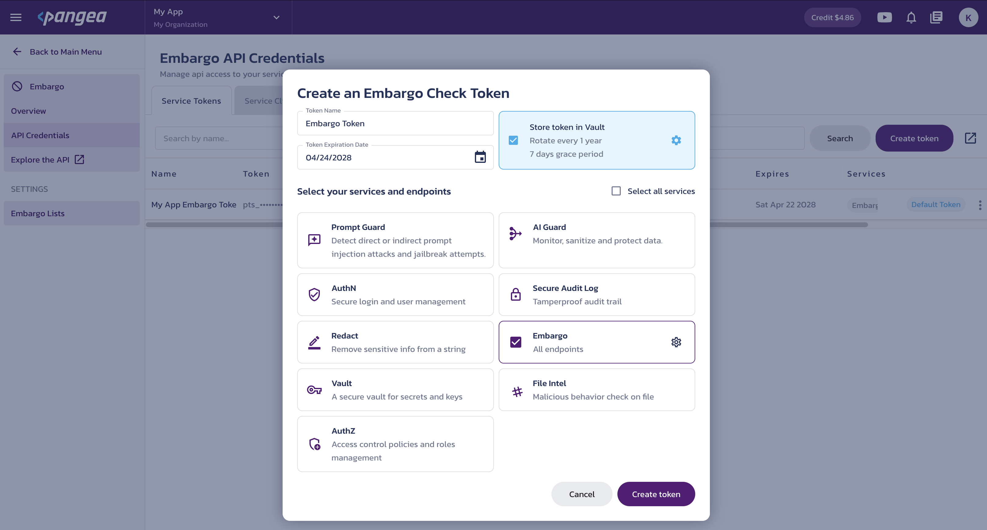 Create service token Create a service token dialog on the Embargo API Credentials page in the Pangea User Console