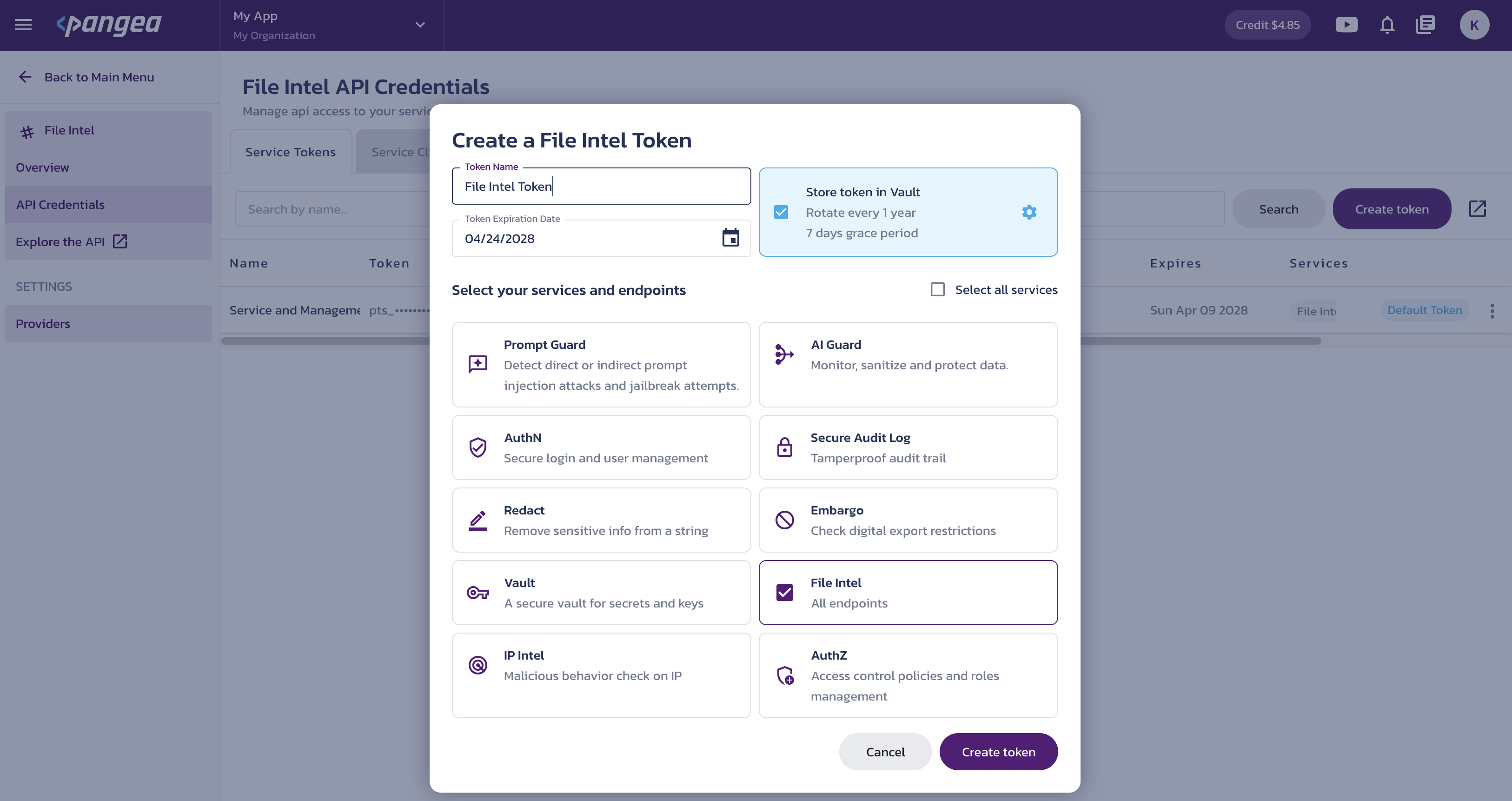 Create service token Create a service token dialog on the File Intel API Credentials page in the Pangea User Console