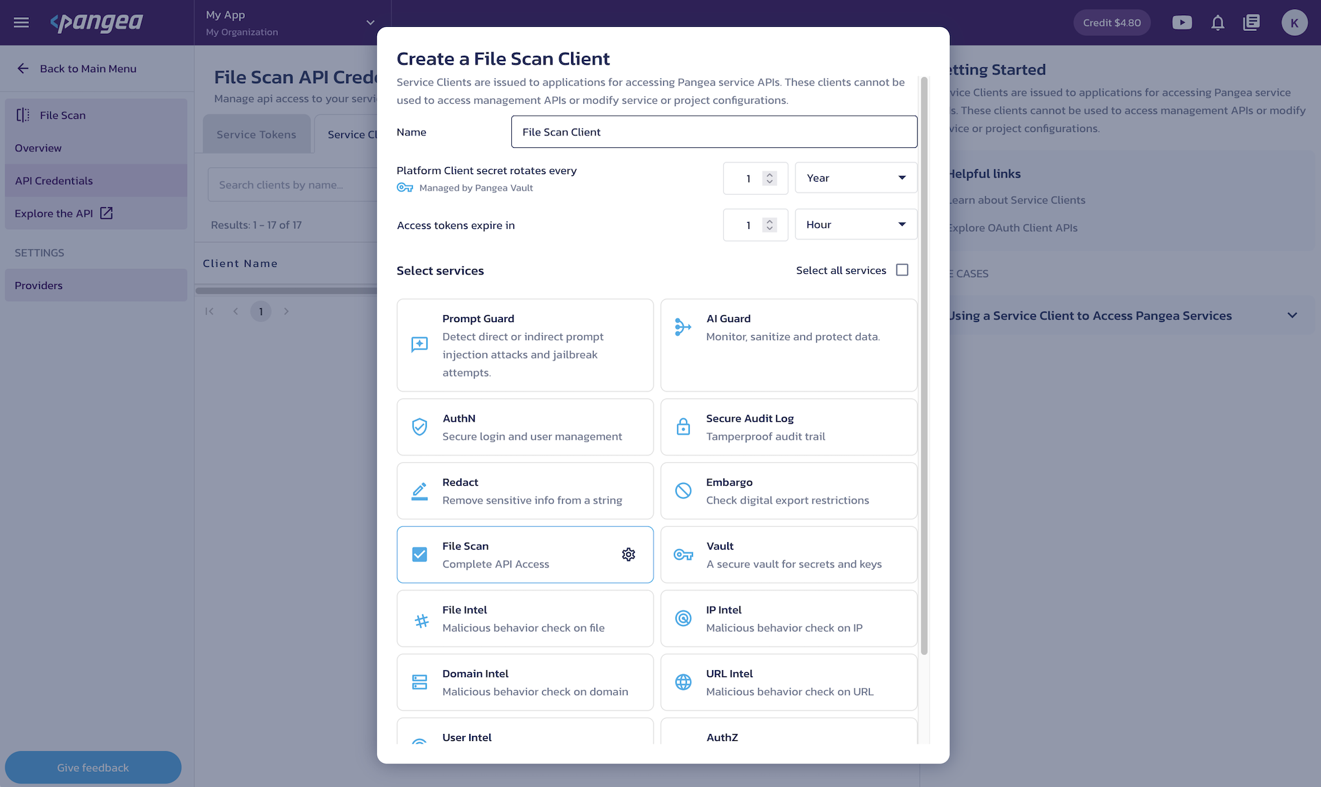 Create service client Create a client dialog on the File Scan Credentials page in the Pangea User Console