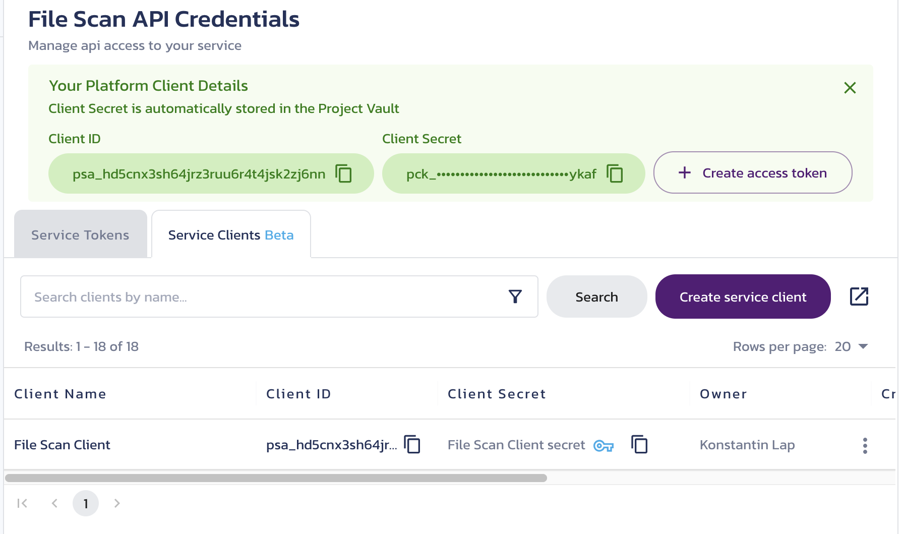Temporarily displayed new client details New client details temporarily displayed on the File Scan Credentials page in the Pangea User Console
