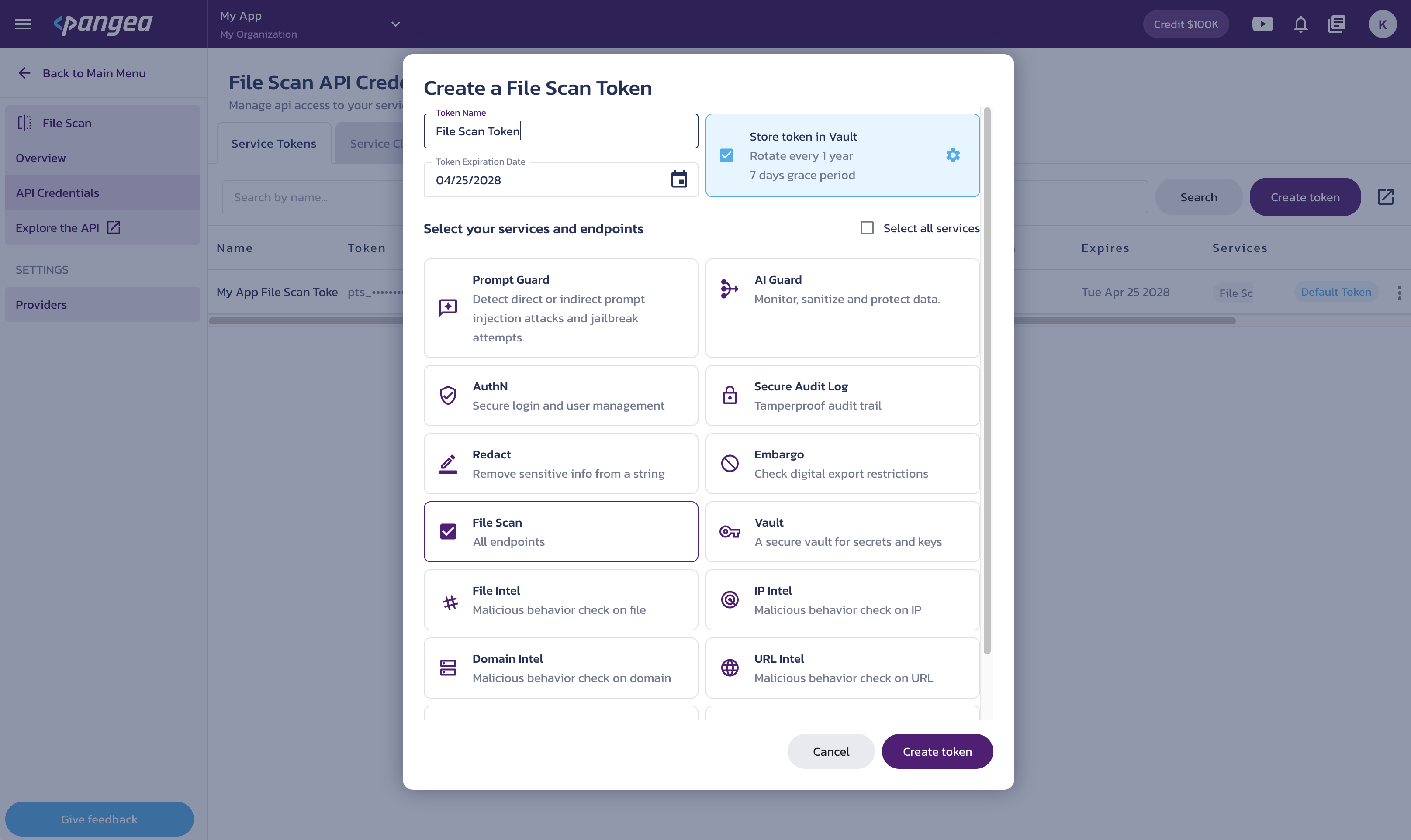 Create service token Create a service token dialog on the File Scan API Credentials page in the Pangea User Console