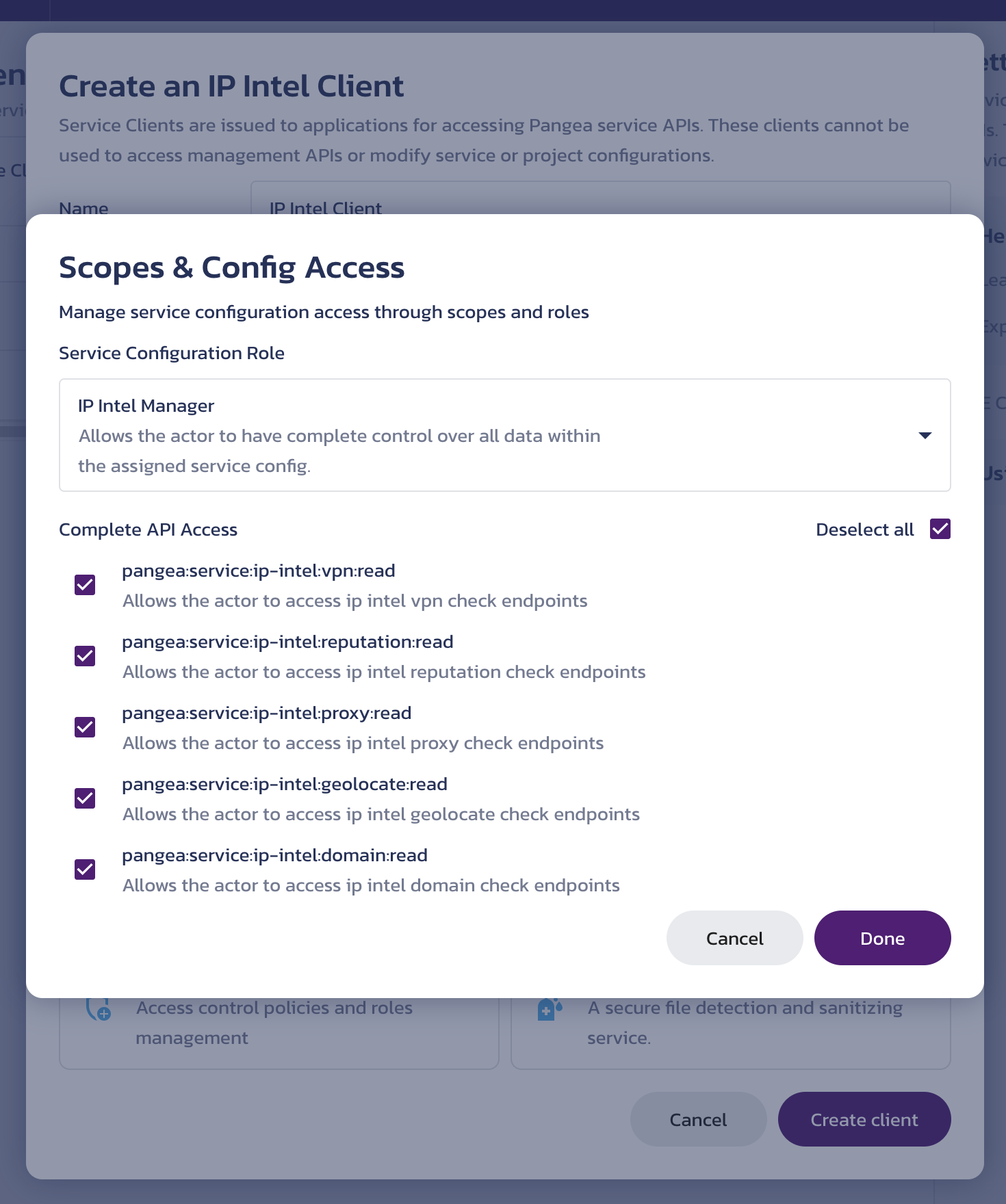Select the role and scope for the service client Scopes & Config Access sub-dialog from the Create a service client dialog on the IP Intel API Credentials page in the Pangea User Console