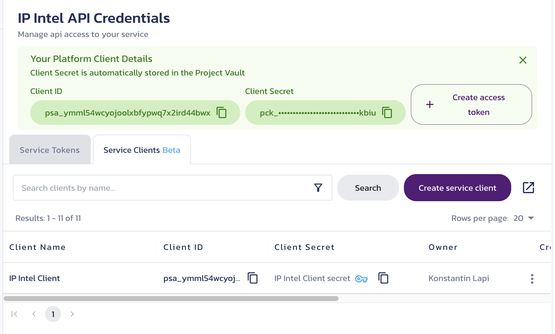 Temporarily displayed new client details New client details temporarily displayed on the IP Intel Credentials page in the Pangea User Console