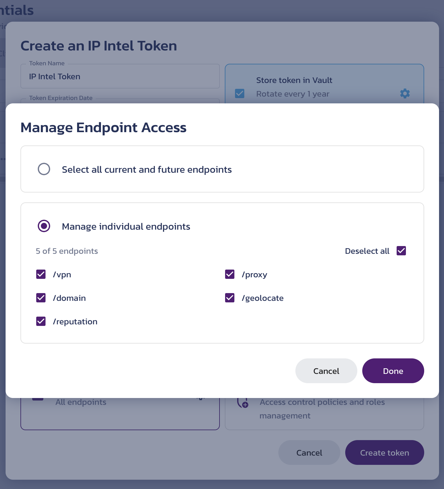 Service token configuration options for IP Intel Create a service token dialog on the IP Intel API Credentials page in the Pangea User Console