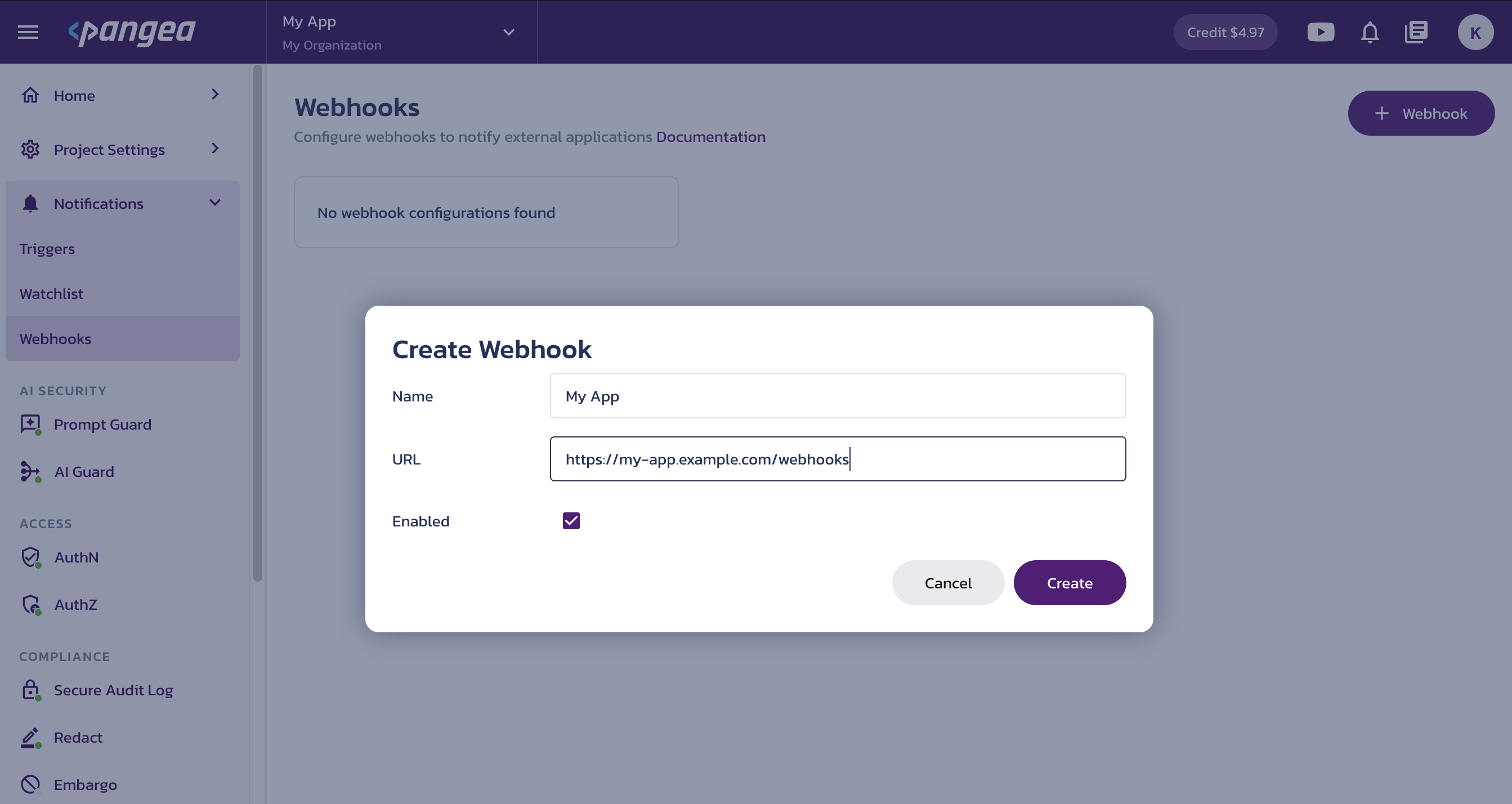 Create a webhook dialog on the Webhooks page under Notifications in the Pangea User Console