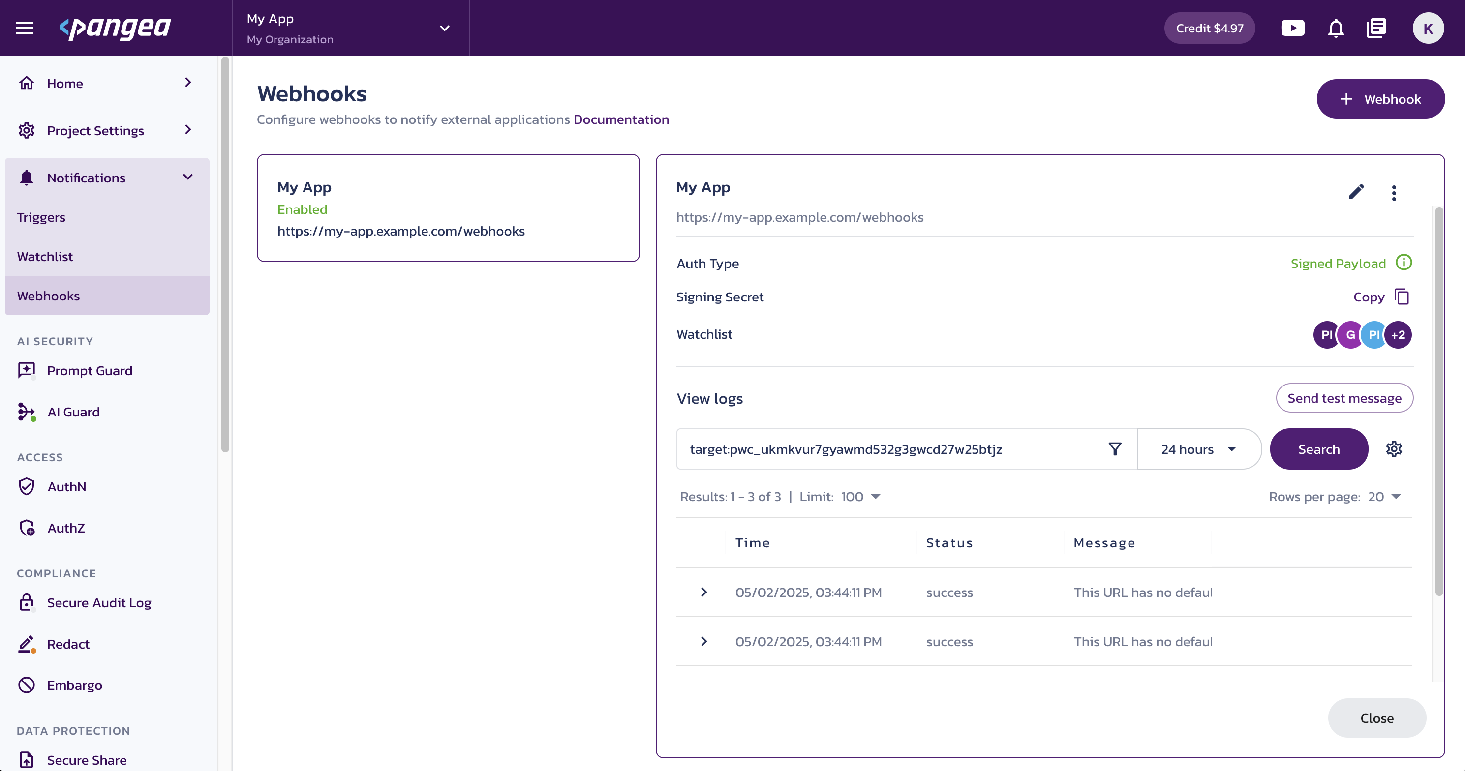 Webhook details view on the Webhooks page under Notifications in the Pangea User Console
