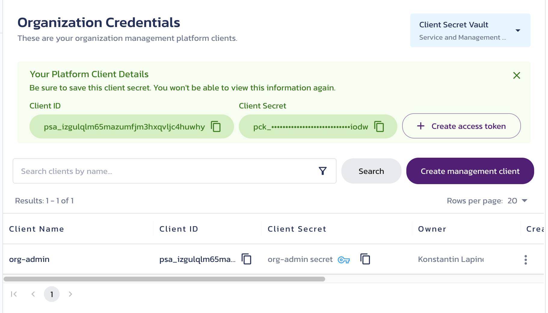 Temporarily displayed new client details New client details temporarily displayed on the Organization Credentials page in the Pangea User Console