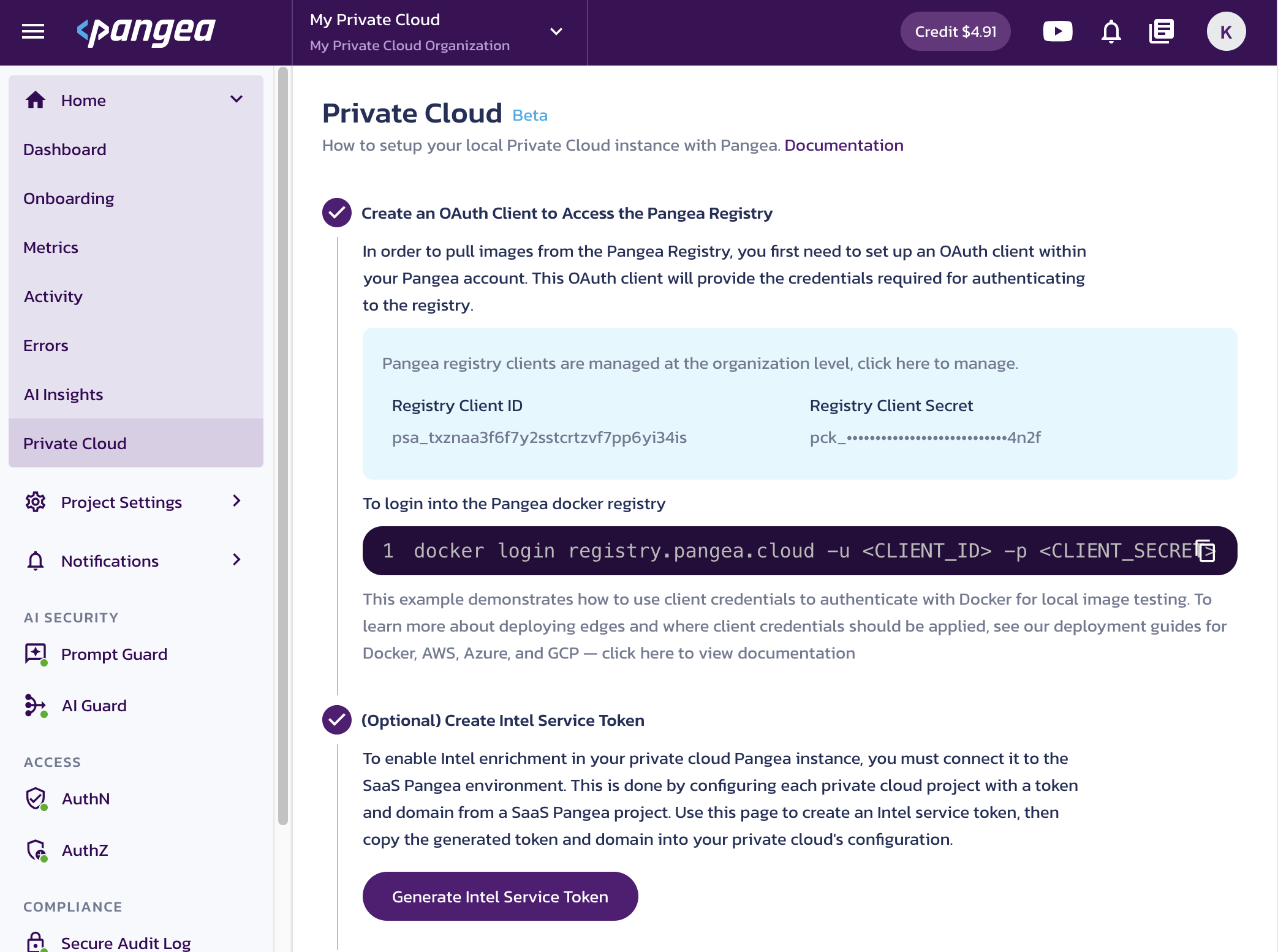 Private Cloud settings in the Pangea User Console