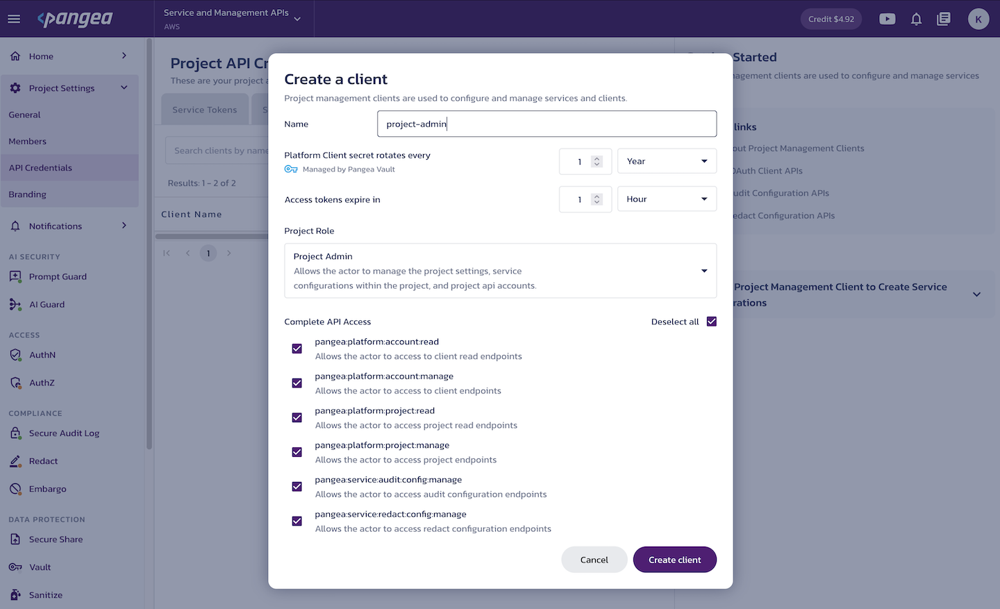 Create management client Create a client dialog on the Project API Credentials page in the Pangea User Console