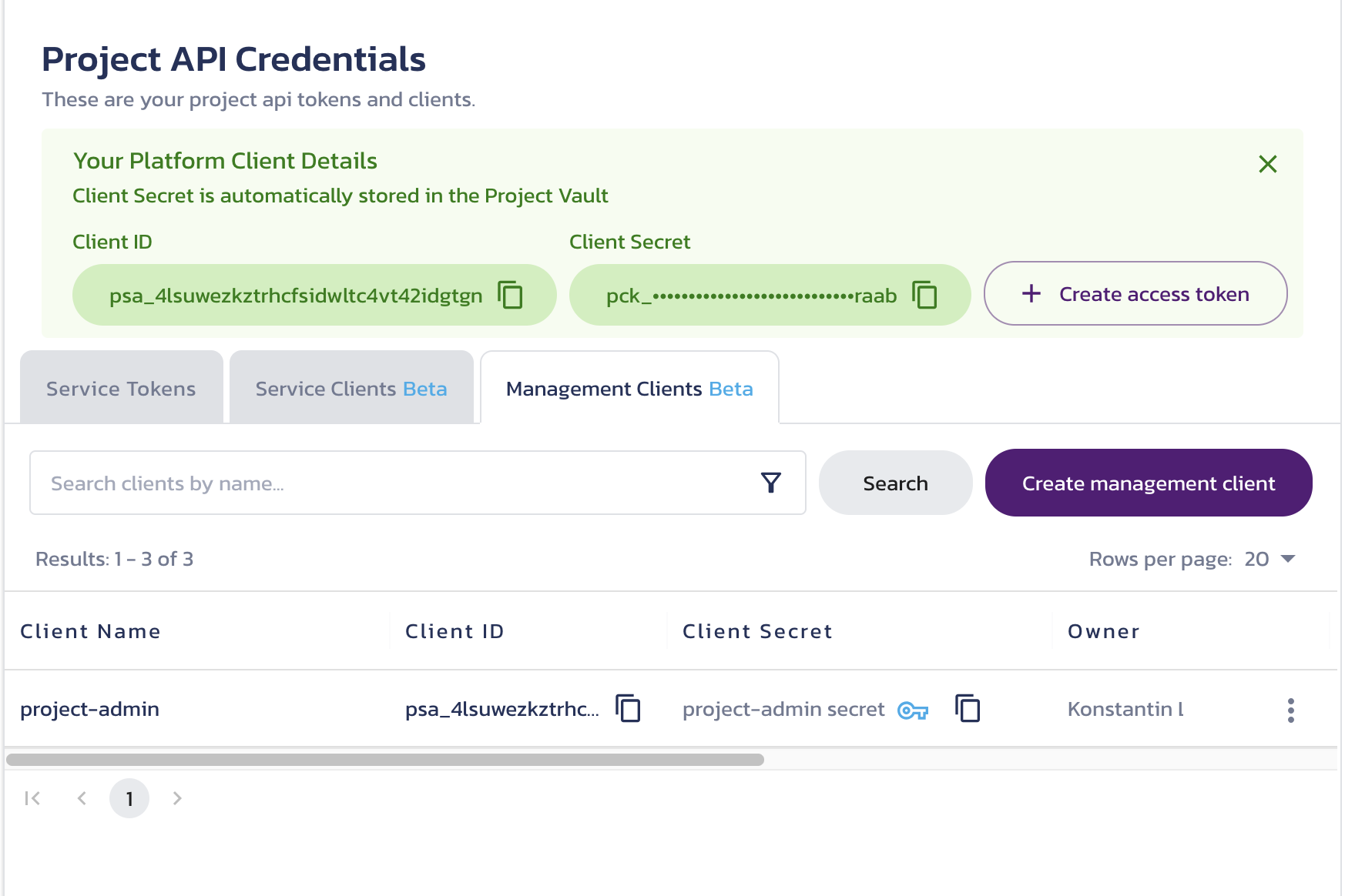 Temporarily displayed new client details New client details temporarily displayed on the Project Credentials page in the Pangea User Console