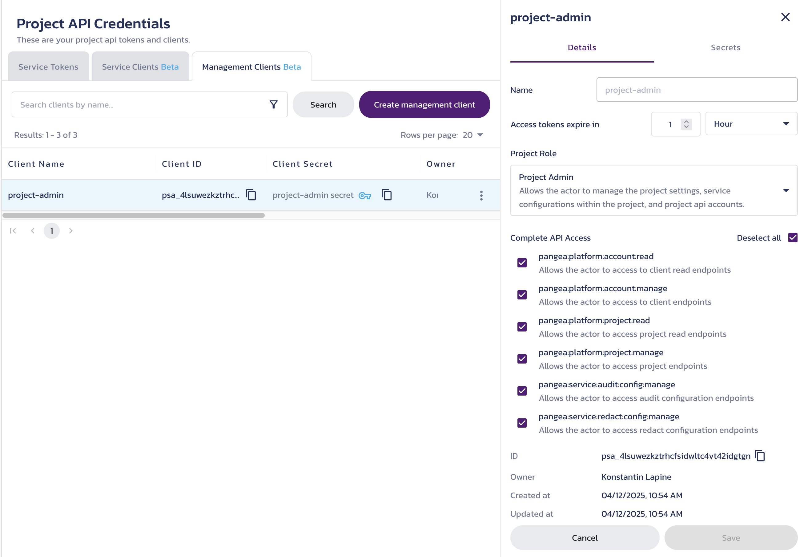 Management Client Secrets Client details page for a selected client on the Project API Credentials page in the Pangea User Console