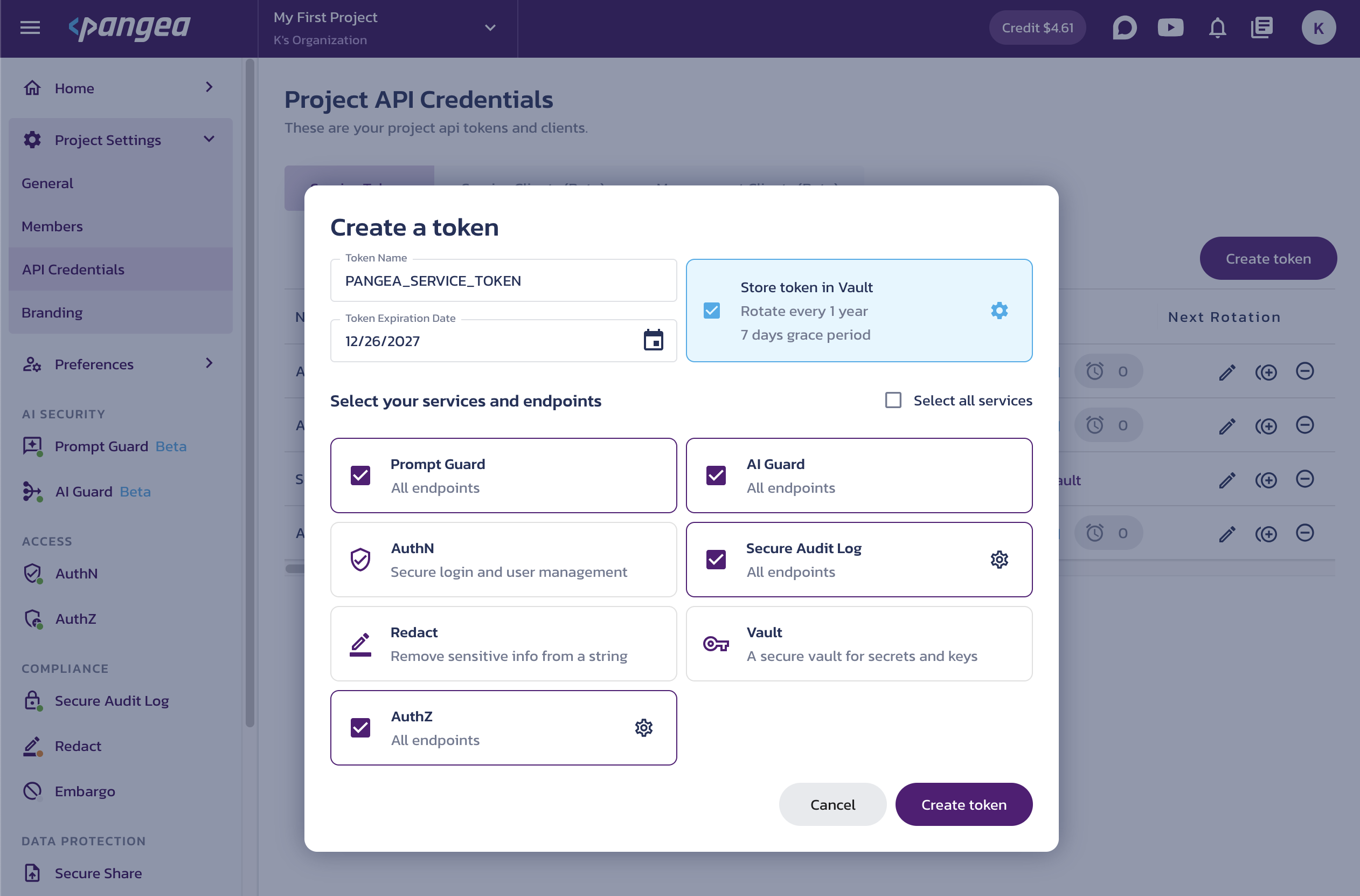 The Create Token dialog on the Pangea Project Settings API Credentials page in the Pangea User Console