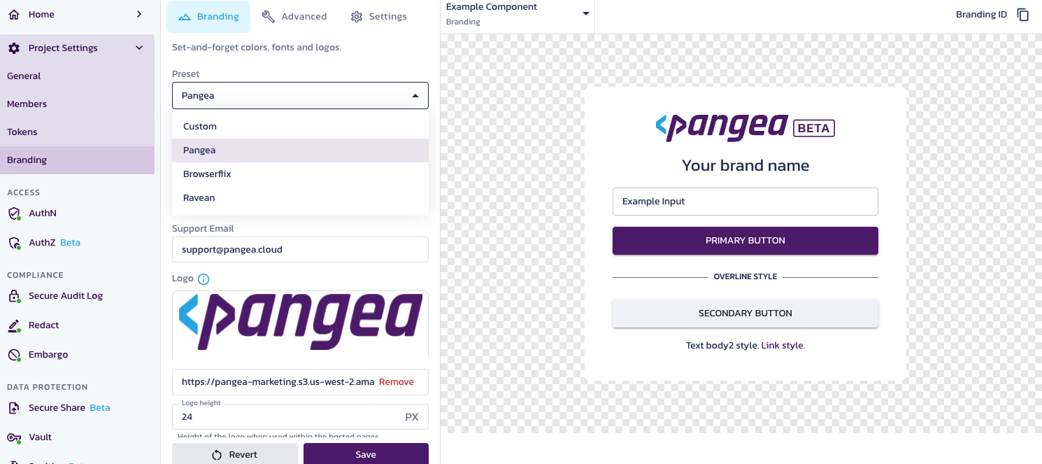 The Project Branding page in the Pangea User Console