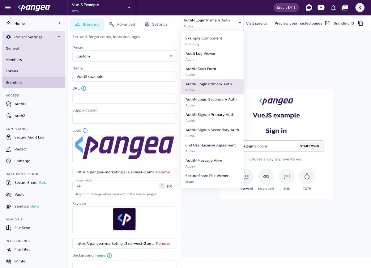 Pangea Project Branding settings with Pangea-hosted pages forms