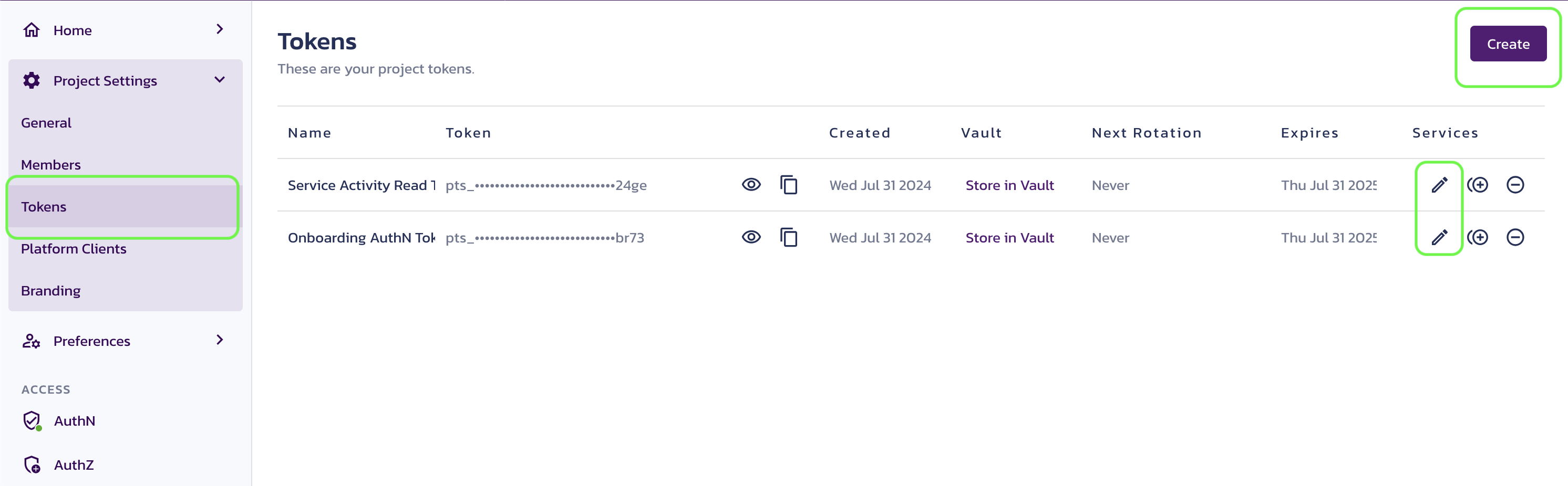 Project Tokens page in the Pangea User Console