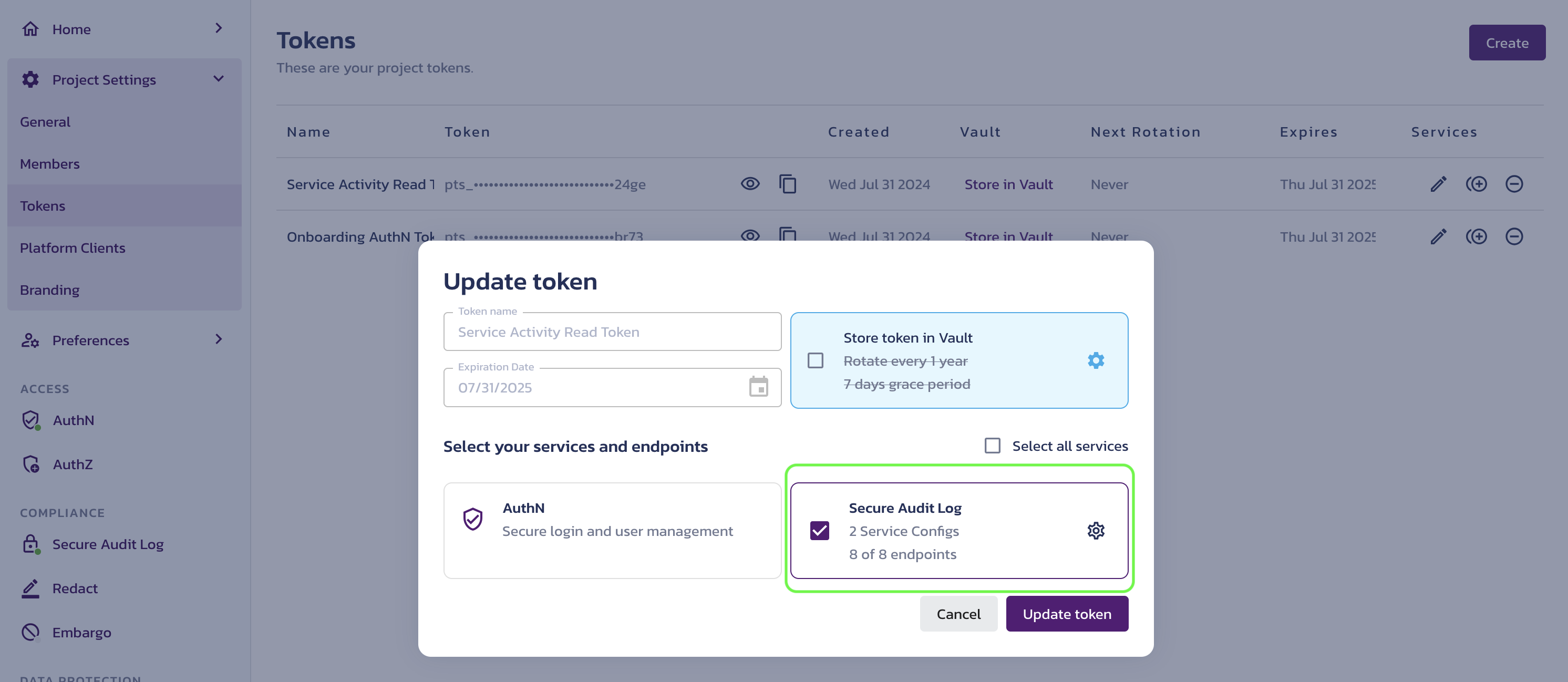 Update token dialog on the Project Tokens page in the Pangea User Console