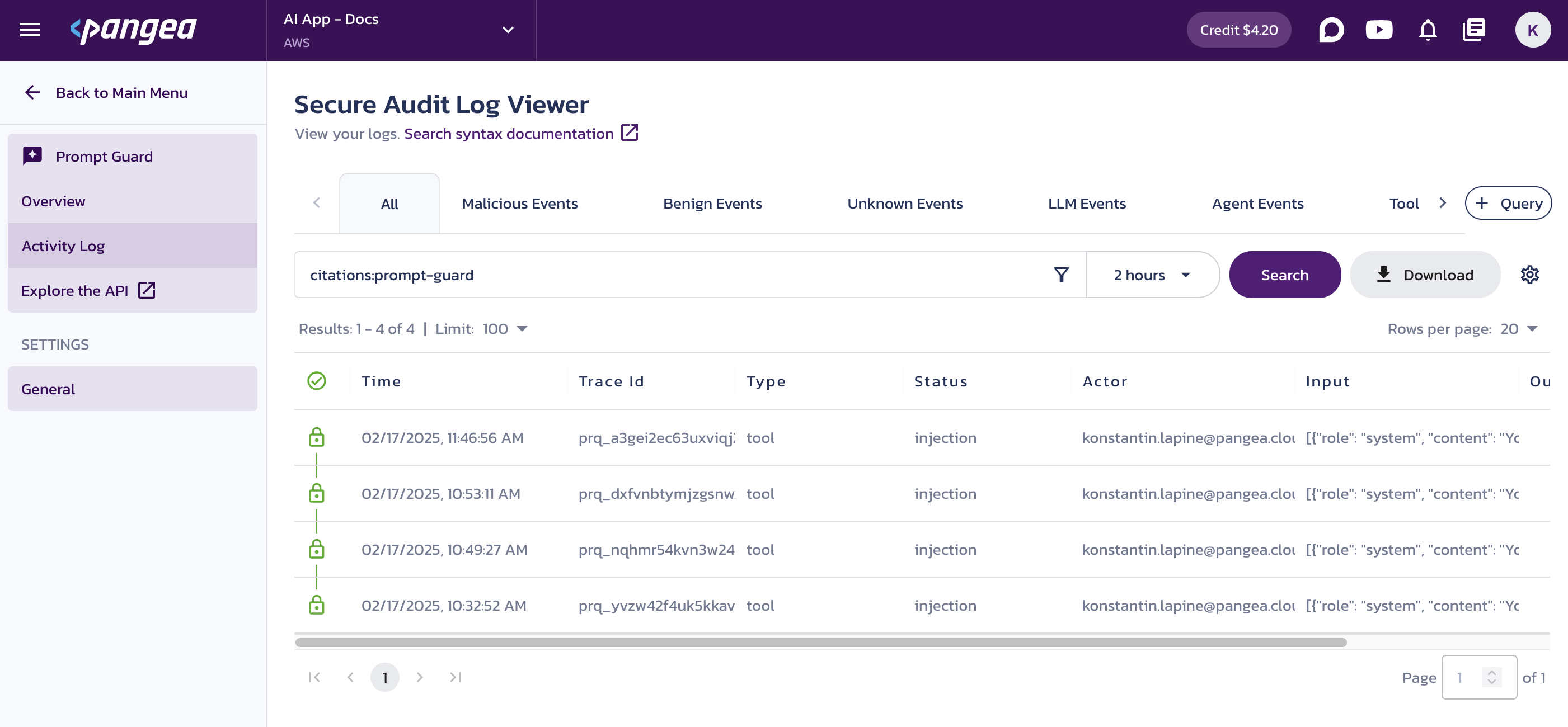 Pangea&#39;s Prompt Guard Secure Audit Log Viewer page in the Pangea User Console