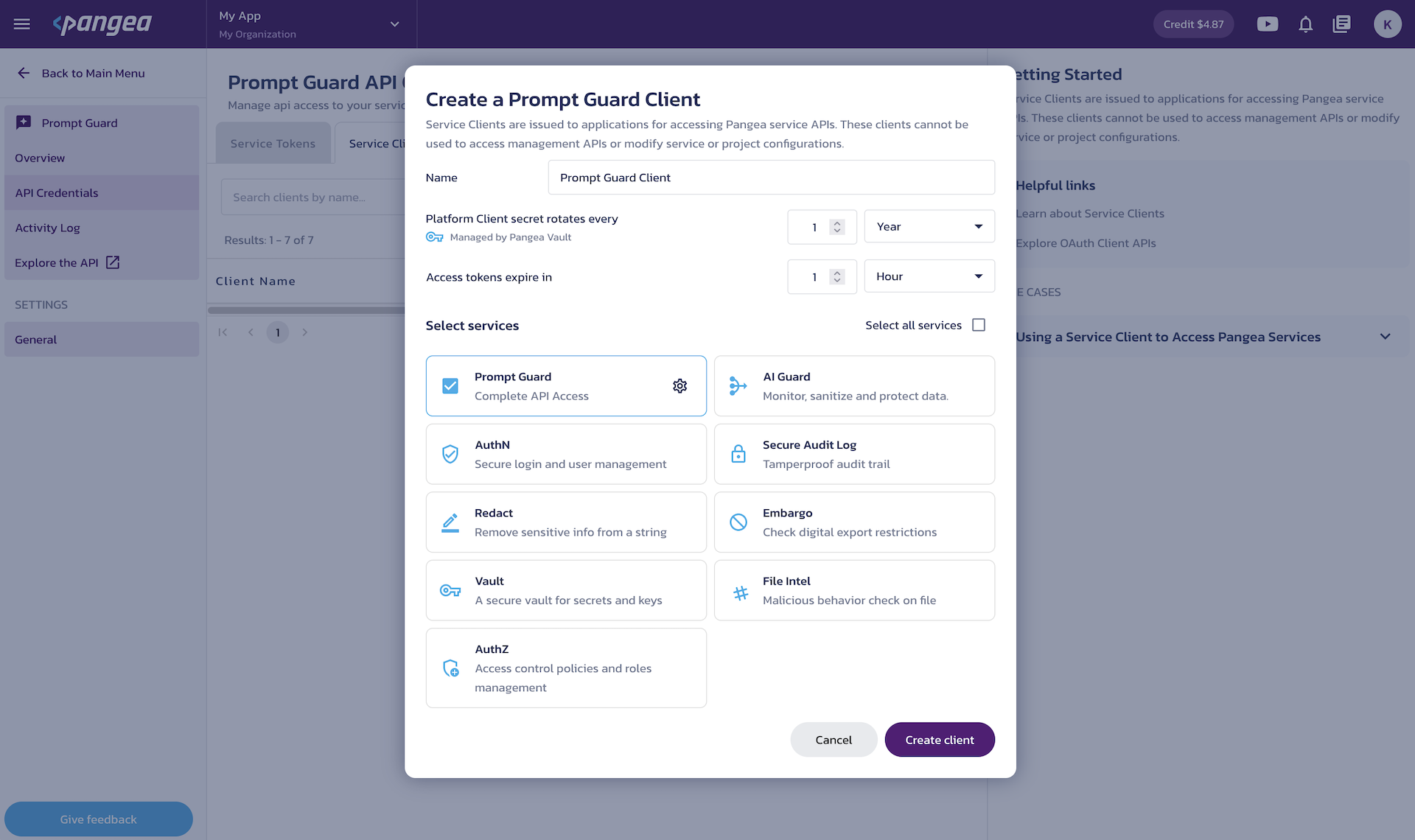 Create service client Create a client dialog on the Prompt Guard Credentials page in the Pangea User Console