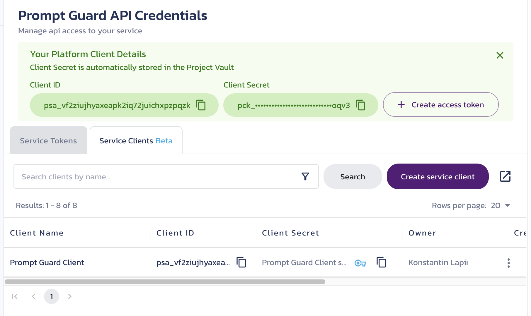 Temporarily displayed new client details New client details temporarily displayed on the Prompt Guard Credentials page in the Pangea User Console