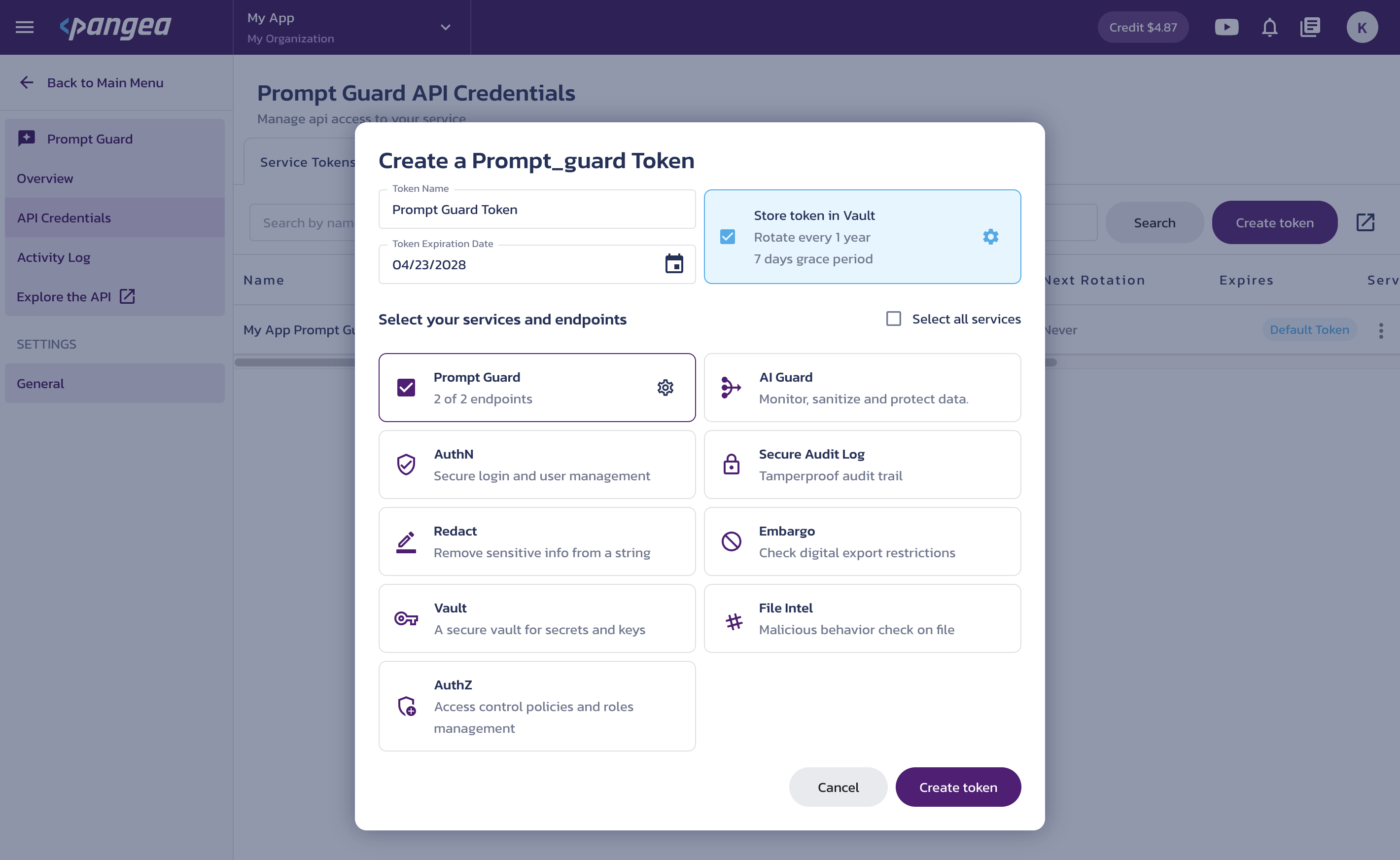 Create service token Create a service token dialog on the Prompt Guard API Credentials page in the Pangea User Console