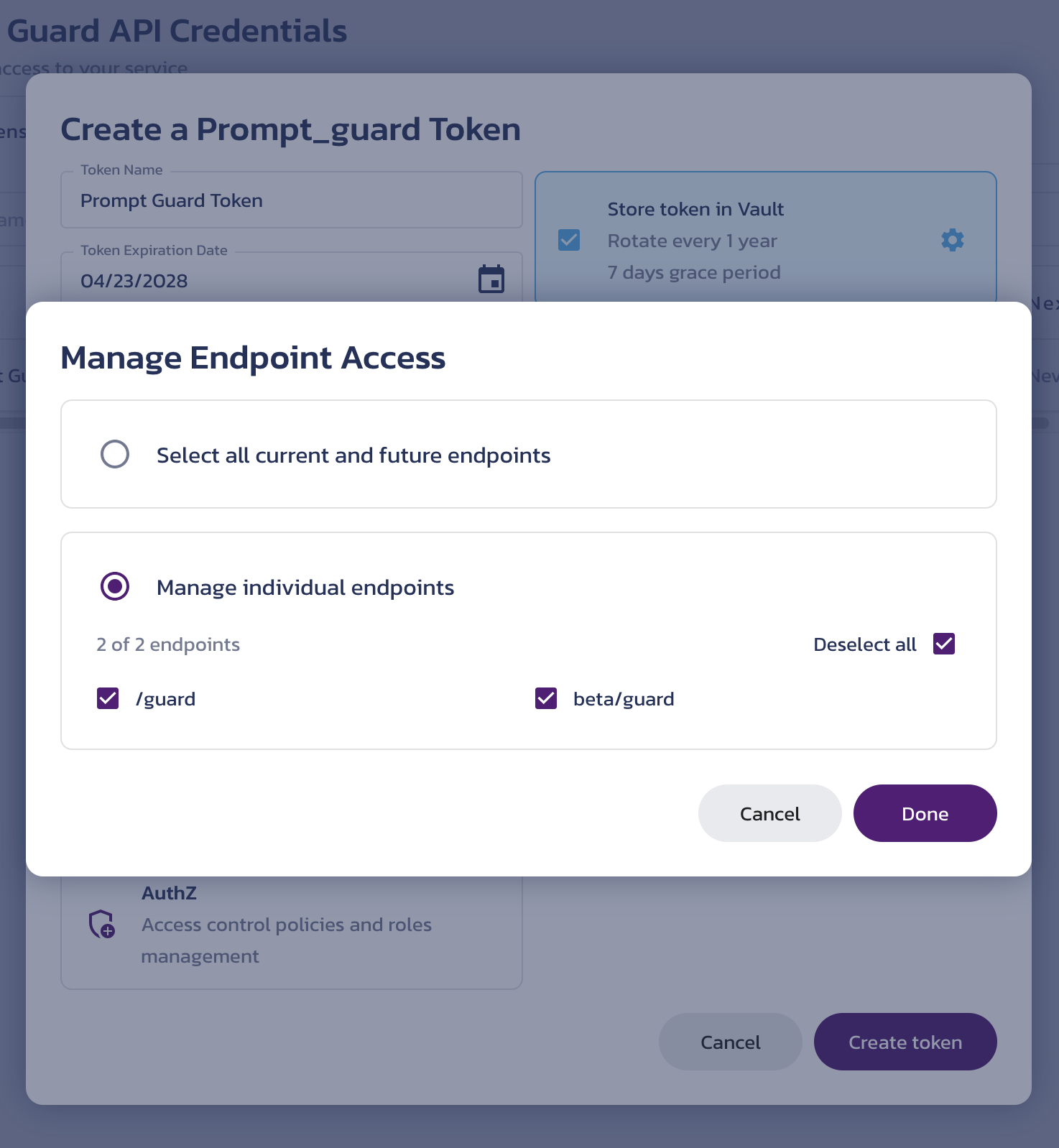 Service token configuration options for Prompt Guard Create a service token dialog on the Prompt Guard API Credentials page in the Pangea User Console