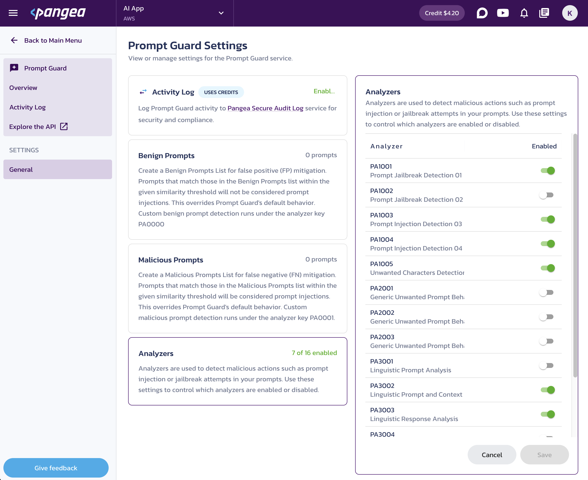 Analyzers configuration on the Prompt Guard General settings page in the Pangea User Console