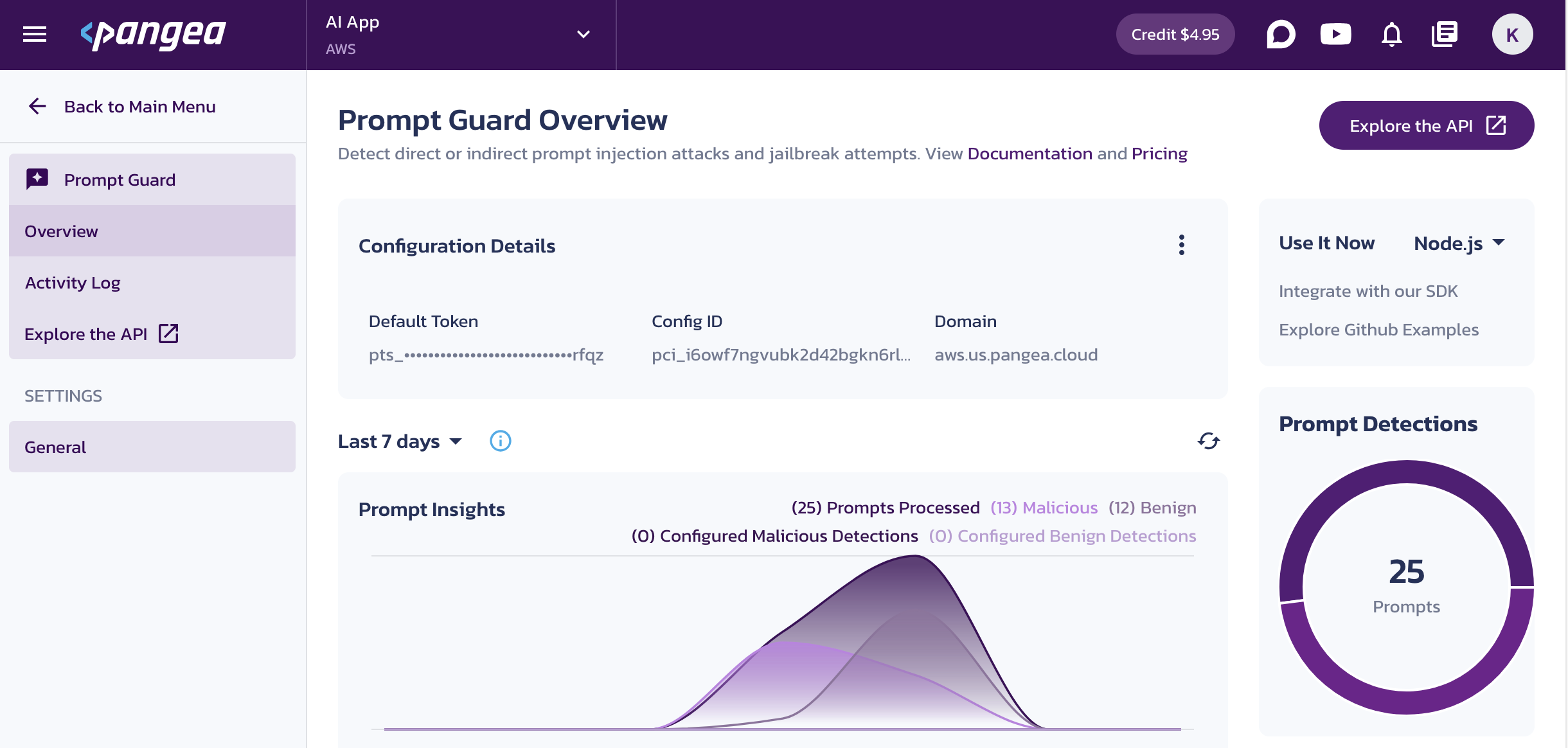 Prompt Guard Overview page in the Pangea User Console