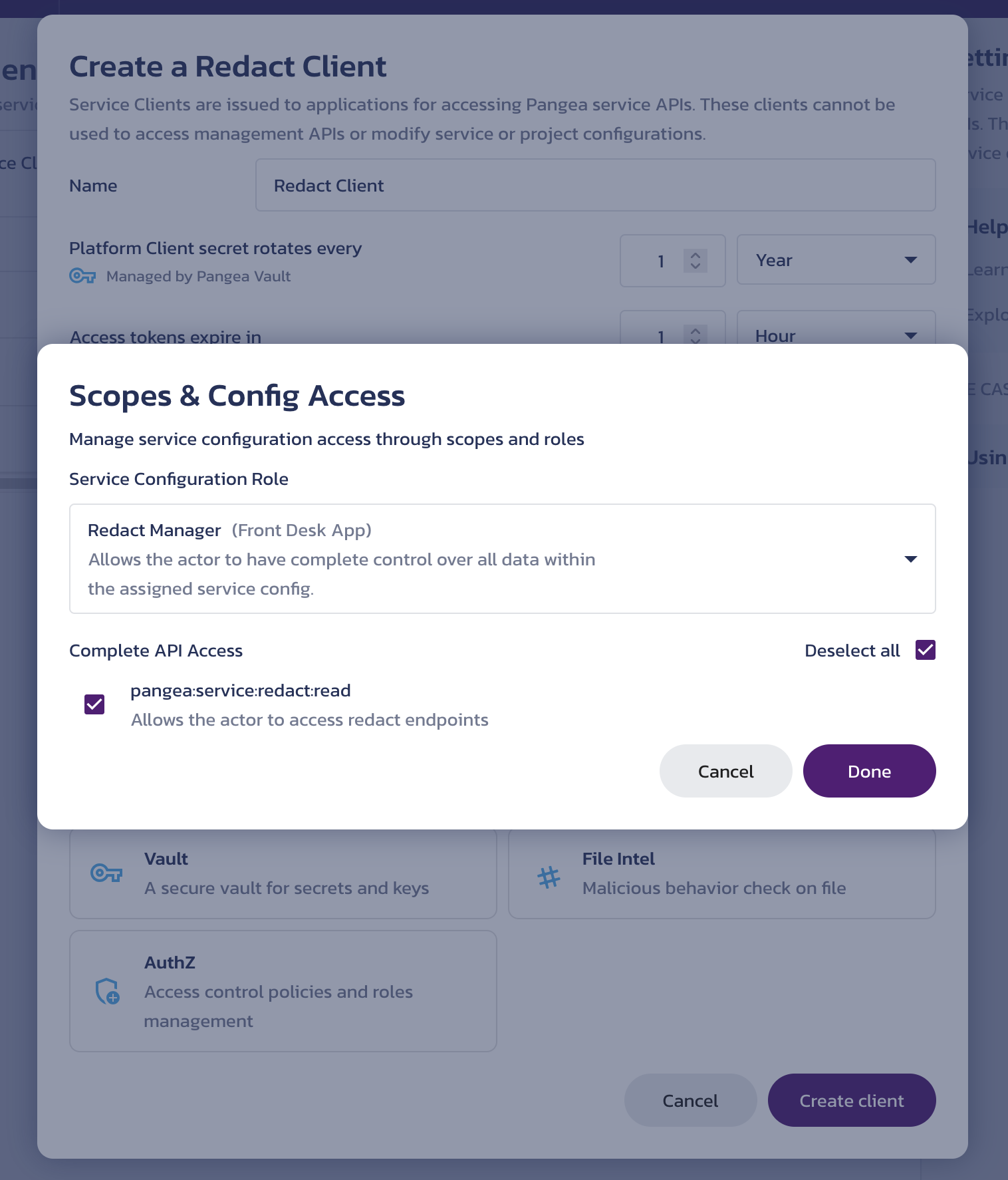 Select the role and scope for the service client Scopes & Config Access sub-dialog from the Create a service client dialog on the Redact API Credentials page in the Pangea User Console