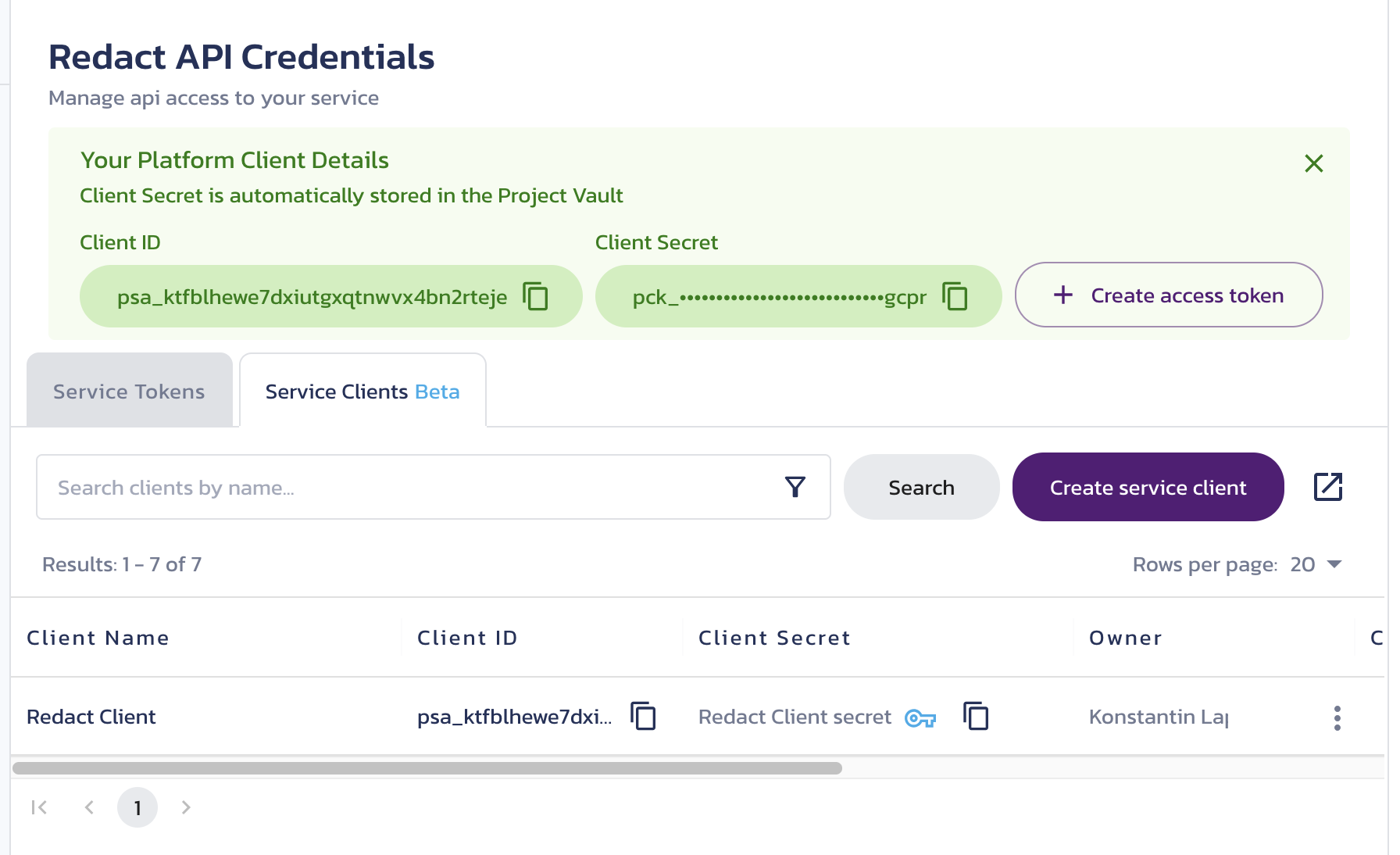 Temporarily displayed new client details New client details temporarily displayed on the Redact Credentials page in the Pangea User Console