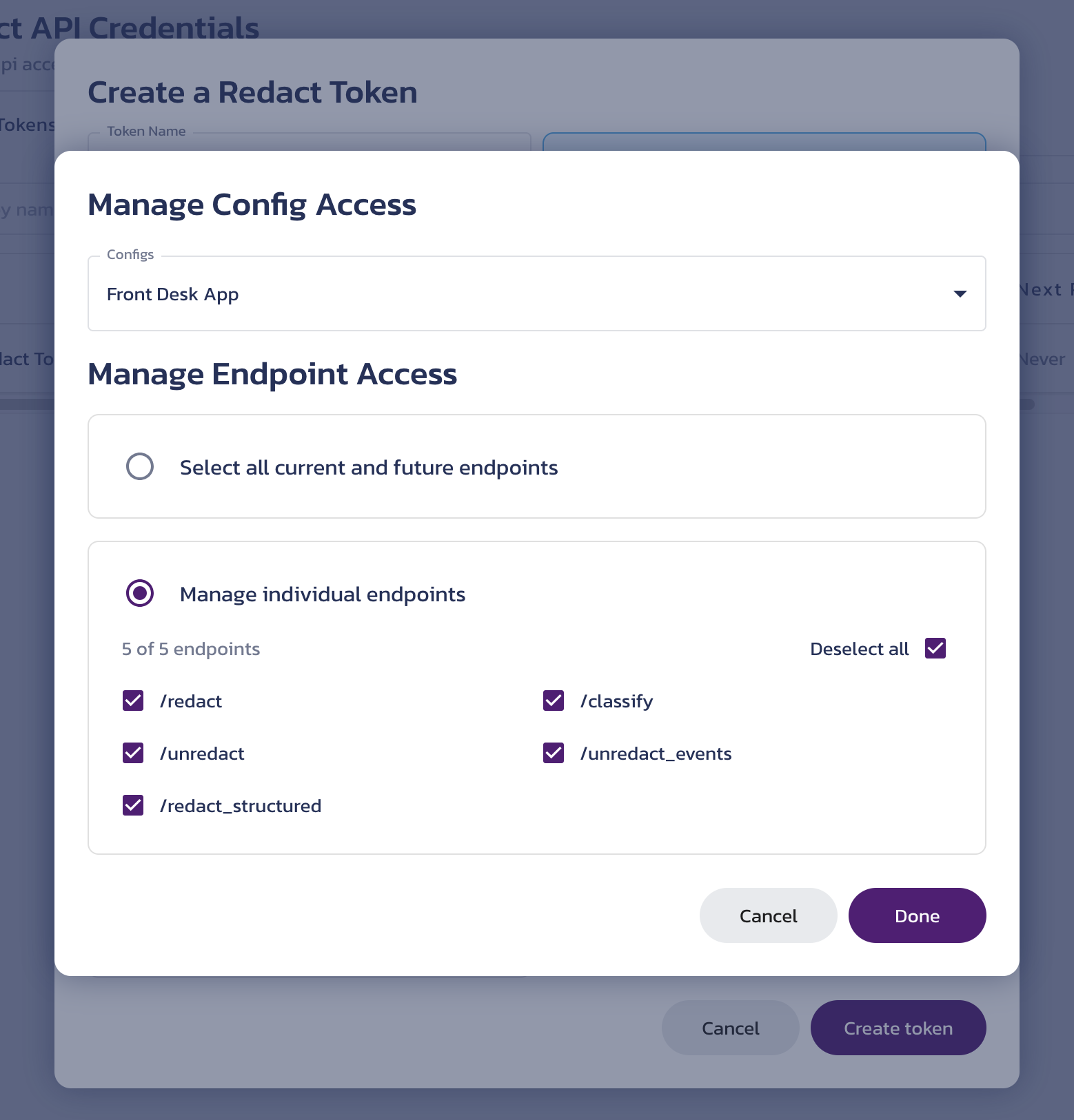 Service token configuration options for Redact Create a service token dialog on the Redact API Credentials page in the Pangea User Console