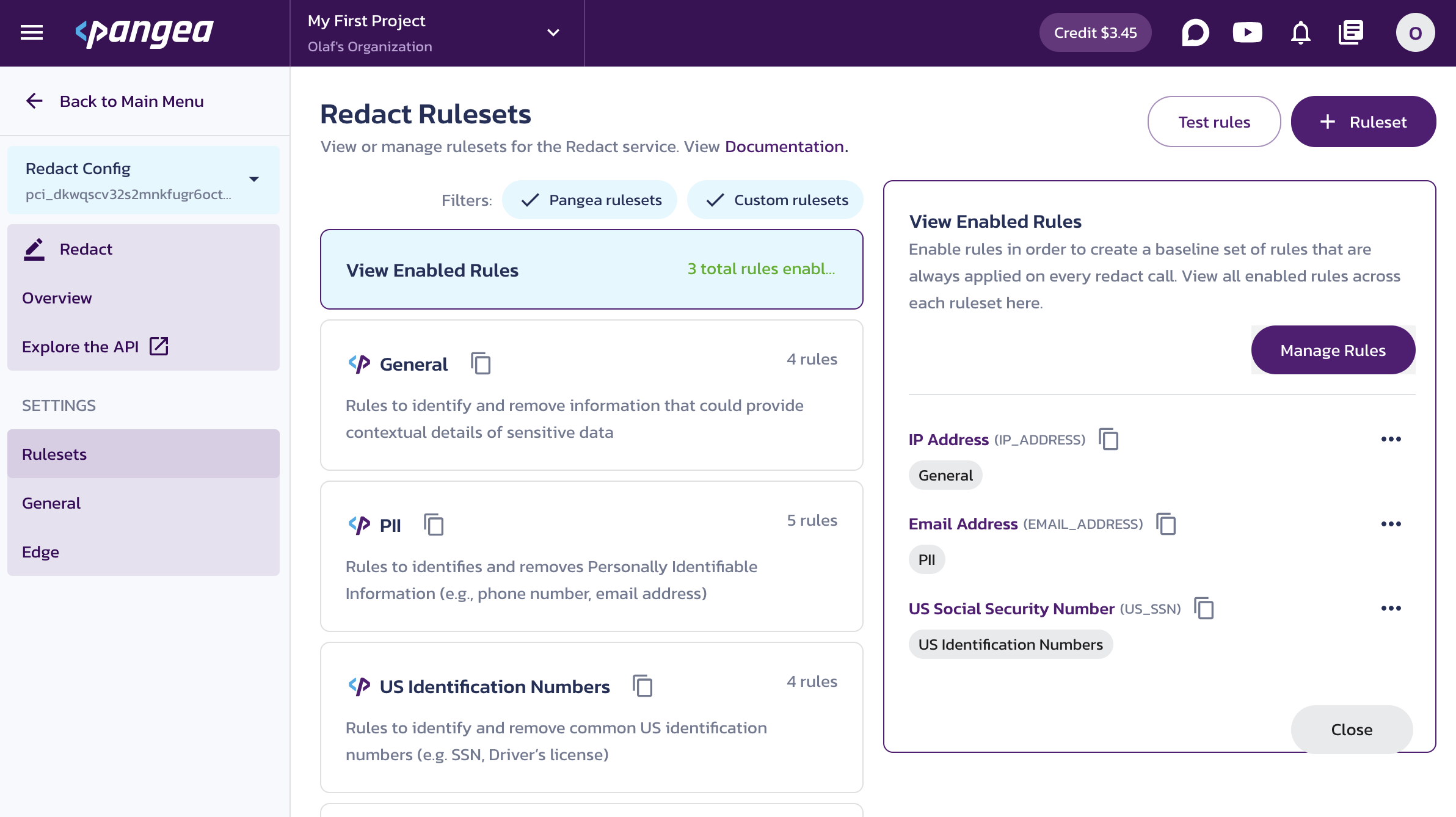Redact Rulesets page with the enabled rules for the Redact service in the Pangea User Console