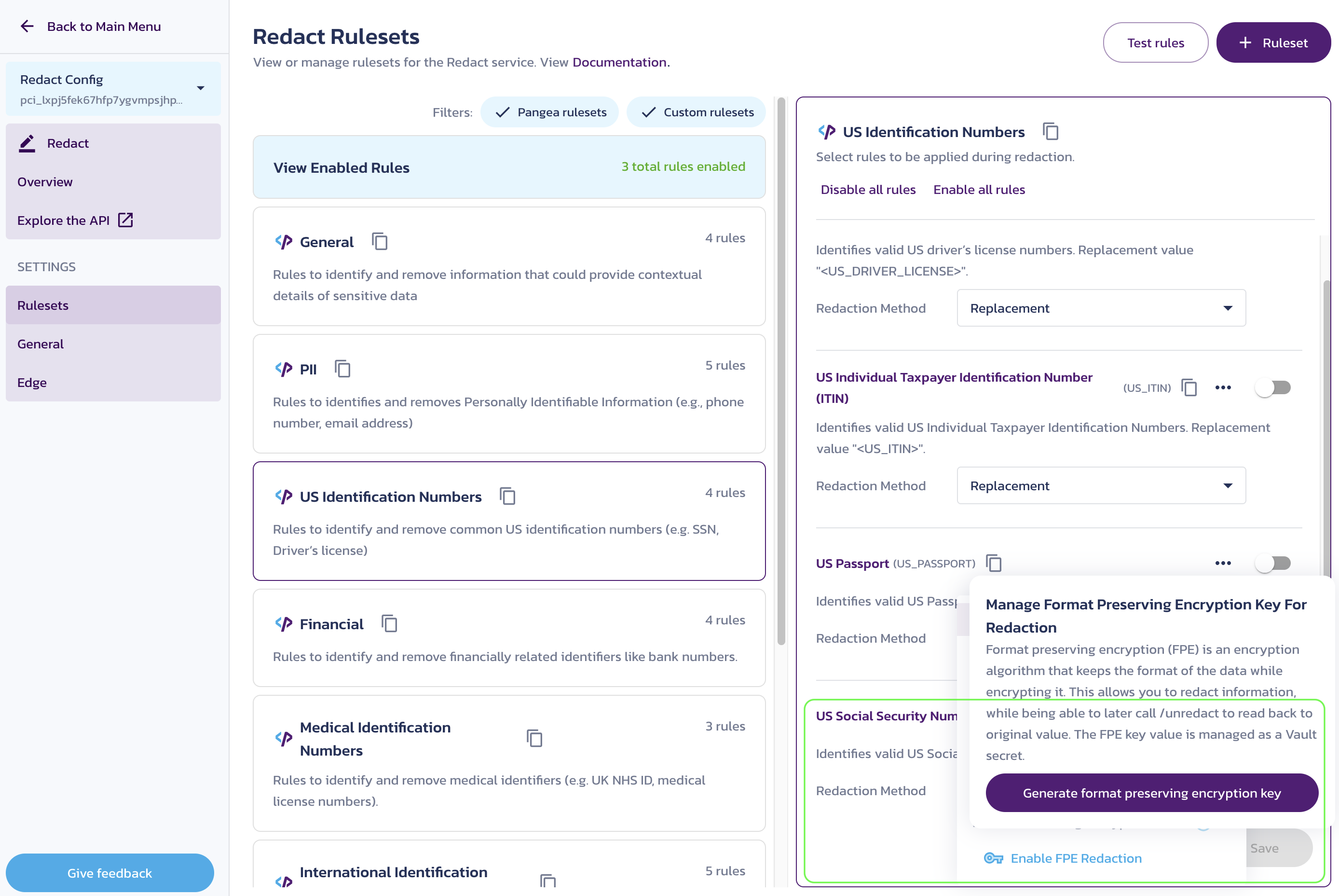 Enable FPE redaction method for a rule on the Redact Rulesets page in the Pangea User Console