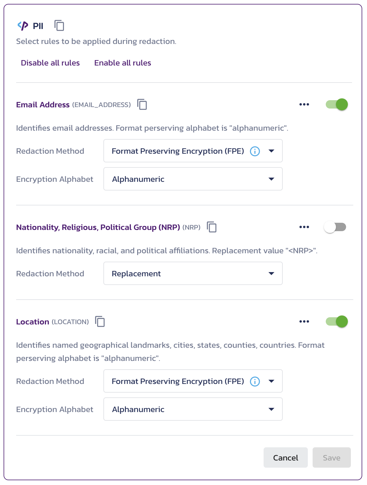 Select the FPE redaction method for the Email Address and Location rules on the Redact Rulesets page in the Pangea User Console