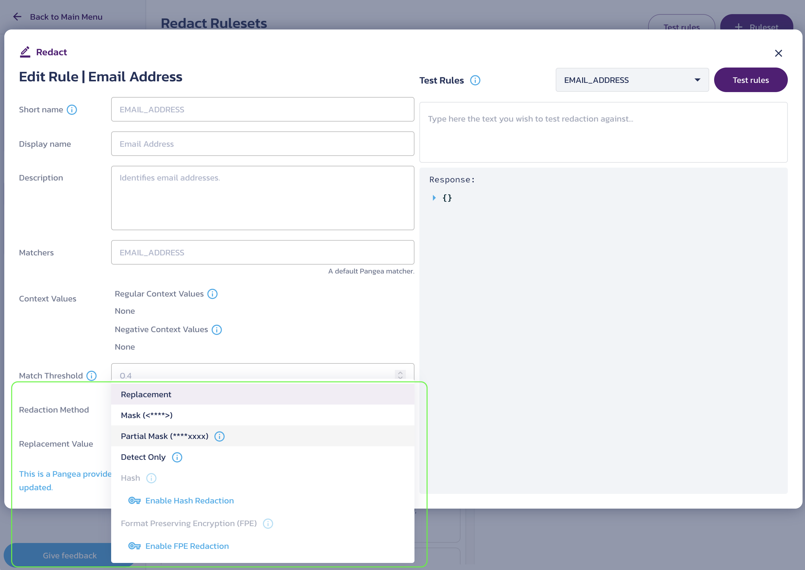 Edit Rule dialog on the Redact Rulesets settings page in the Pangea User Console