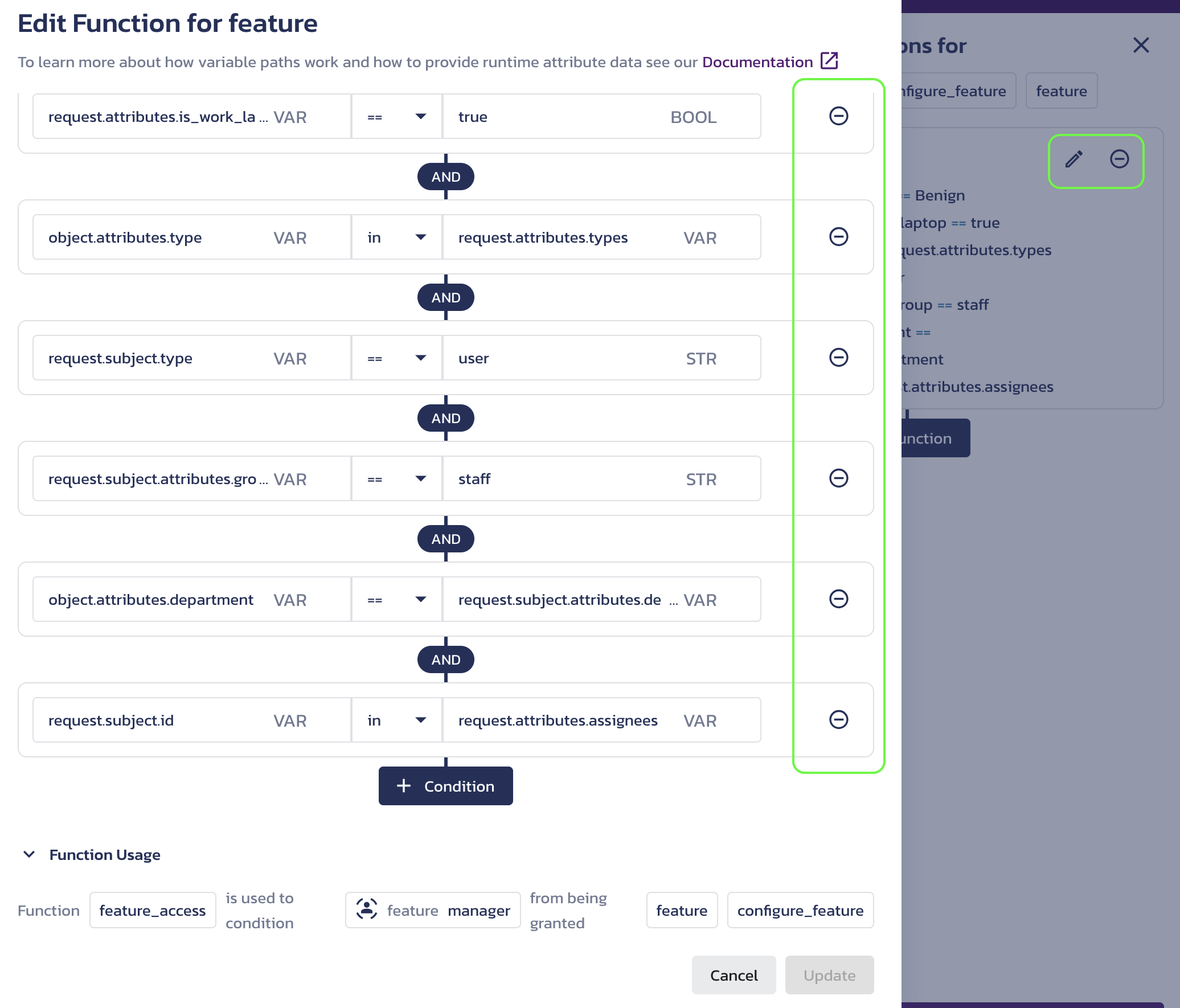 The delete buttons for ABAC conditions and functions on the AuthZ Roles & Access page in the Pangea User Console.