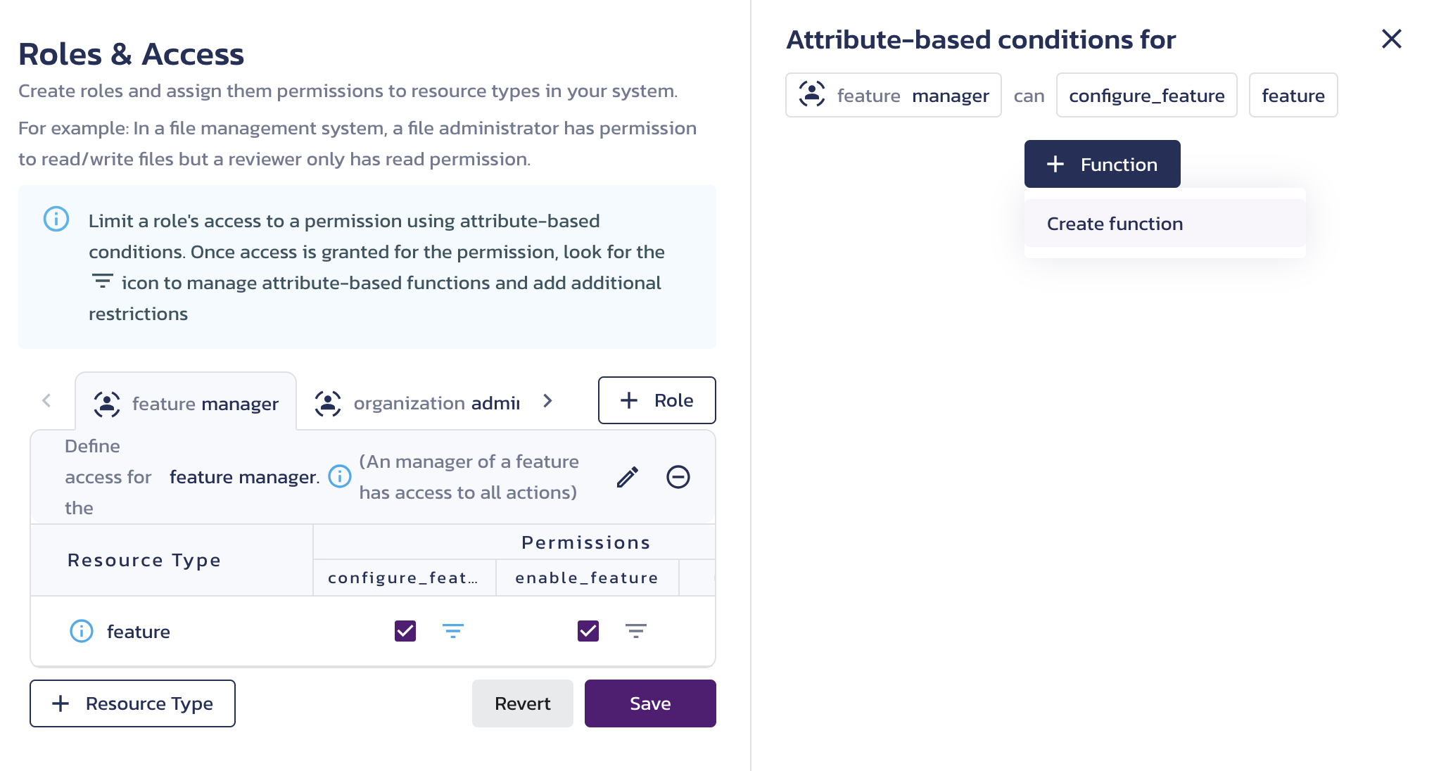 Attribute-based conditions editing screen on the AuthZ Roles & Access page in the Pangea User Console.