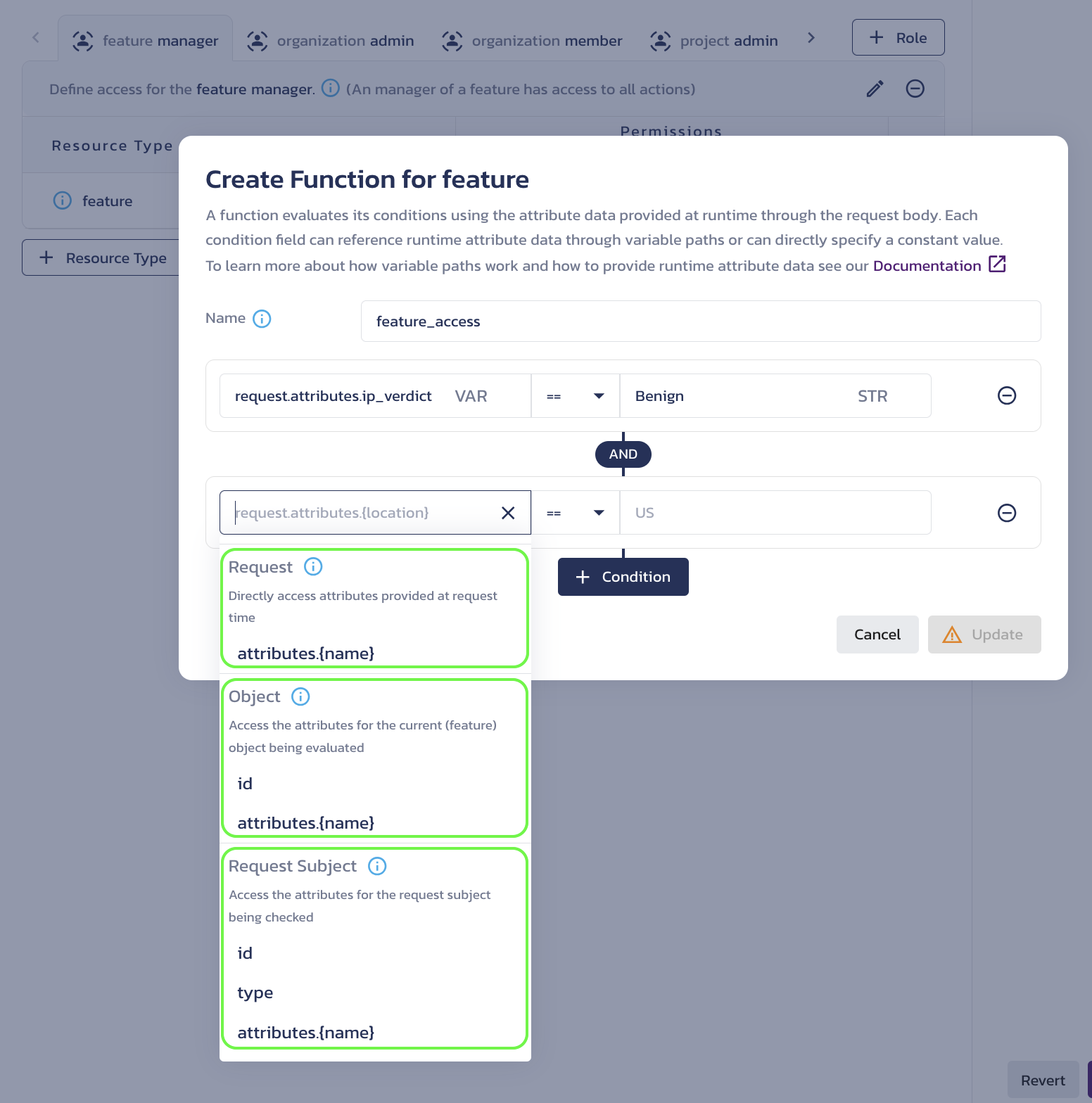 The variable path references are available in the condition attribute dropdown within the Edit Function dialog for ABAC conditions on the AuthZ Roles & Access page in the Pangea User Console.