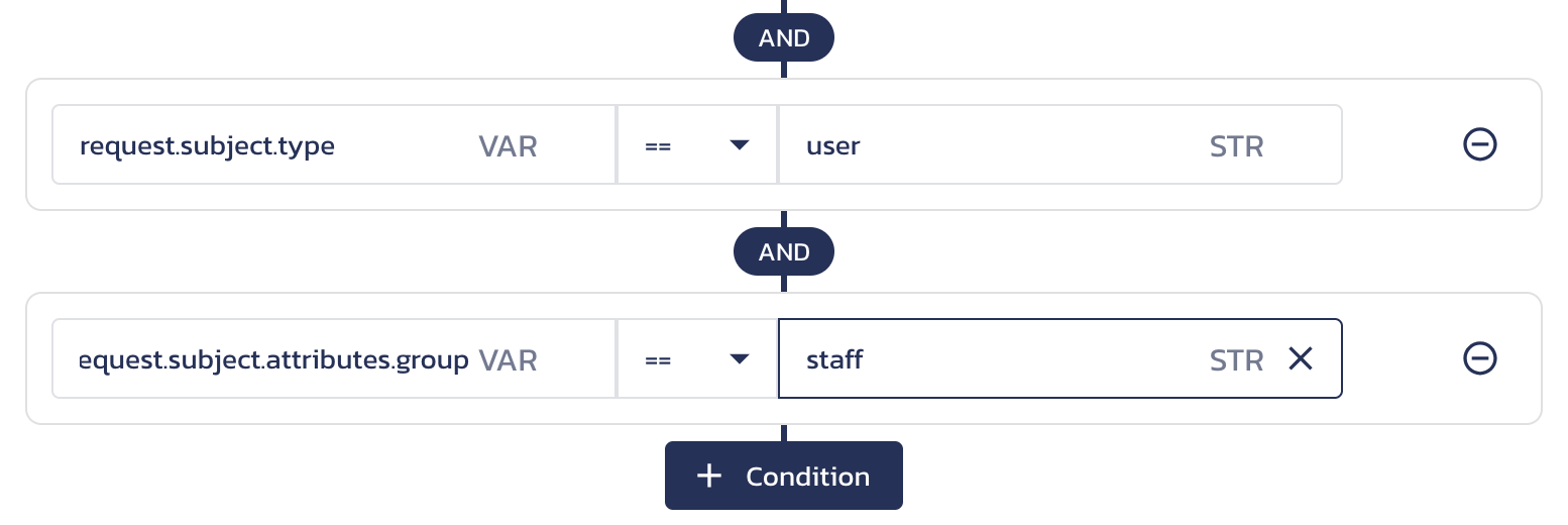 Subject-specific ABAC conditions in the Edit Function dialog on the AuthZ Roles & Access page in the Pangea User Console.