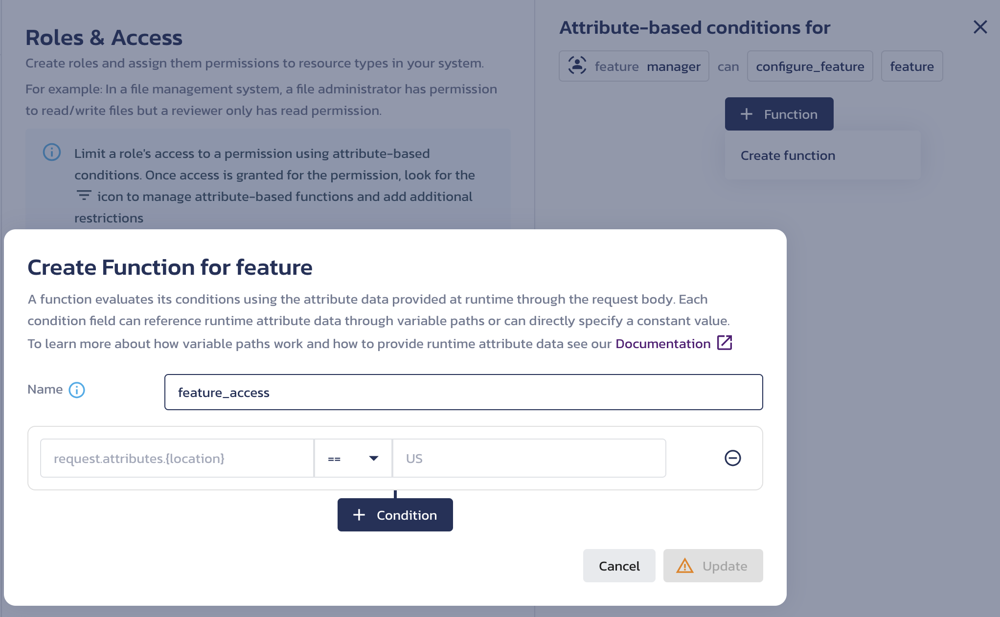 Create ABAC function dialog on the AuthZ Roles & Access page in the Pangea User Console.