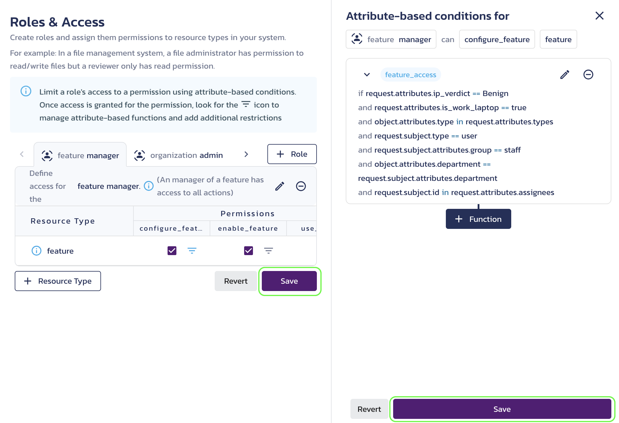 Save ABAC conditions editing screen on the AuthZ Roles & Access page in the Pangea User Console.